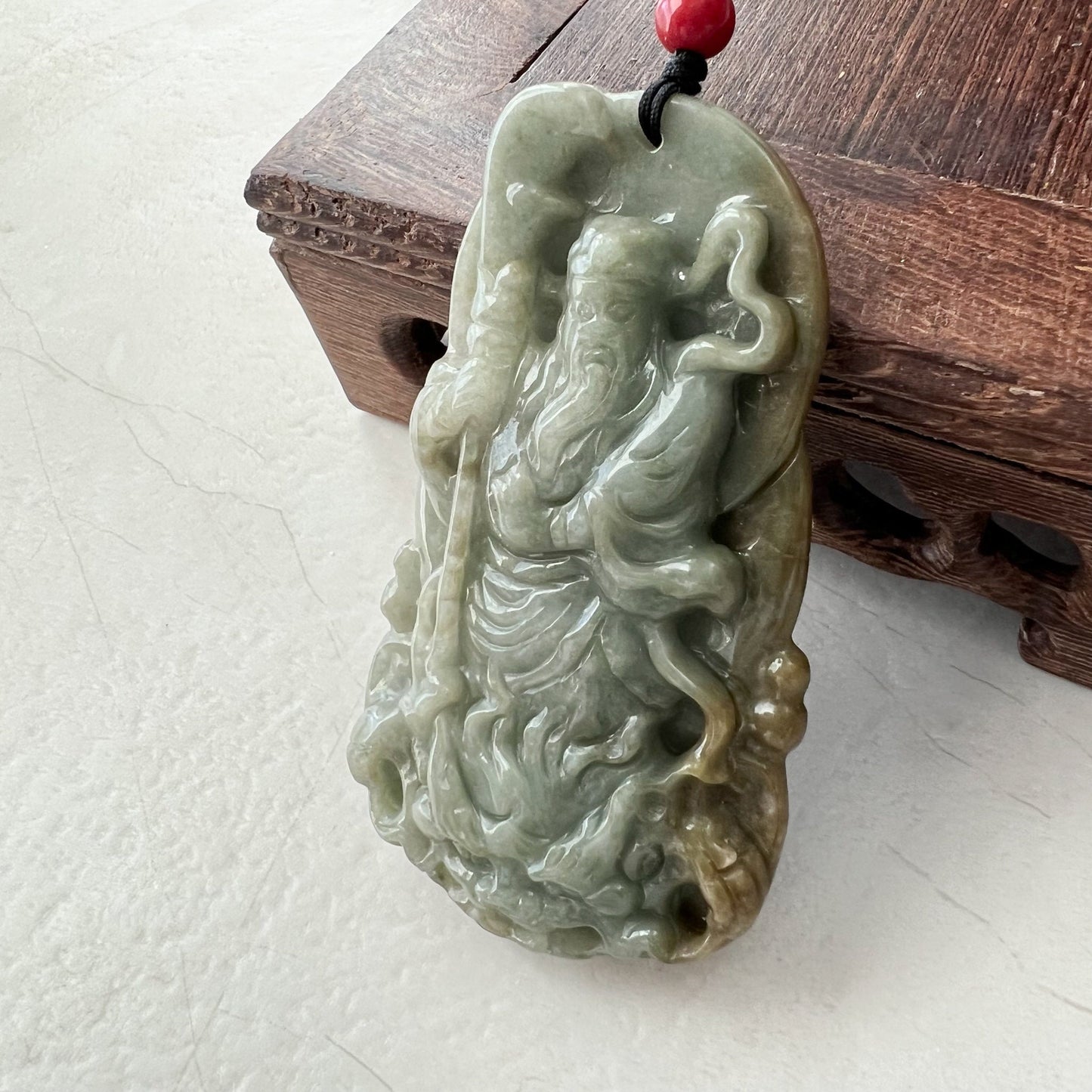 Guan Yu Guan Gong, Yellow and Green Jadeite Jade, God of Wealth and War, Hand Carved Pendant Necklace, YJ-1221-0134809 - AriaDesignCollection