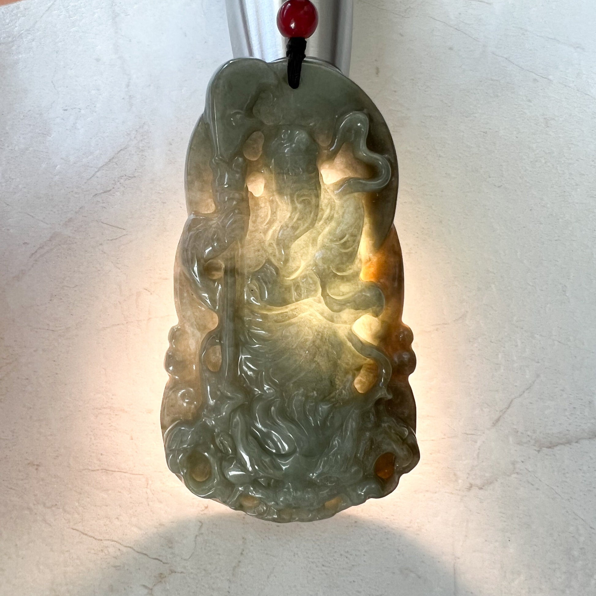 Guan Yu Guan Gong, Yellow and Green Jadeite Jade, God of Wealth and War, Hand Carved Pendant Necklace, YJ-1221-0134809 - AriaDesignCollection