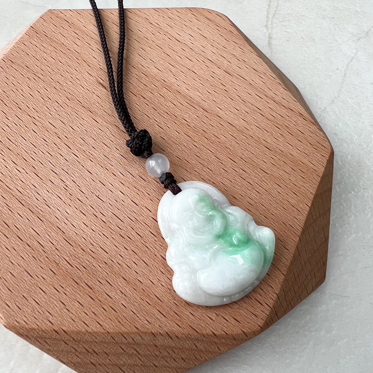 Happy Laughing Buddha, Jadeite Jade Buddha, Green and white, Hand Carved Pendant, YW-0110-1647033927 - AriaDesignCollection