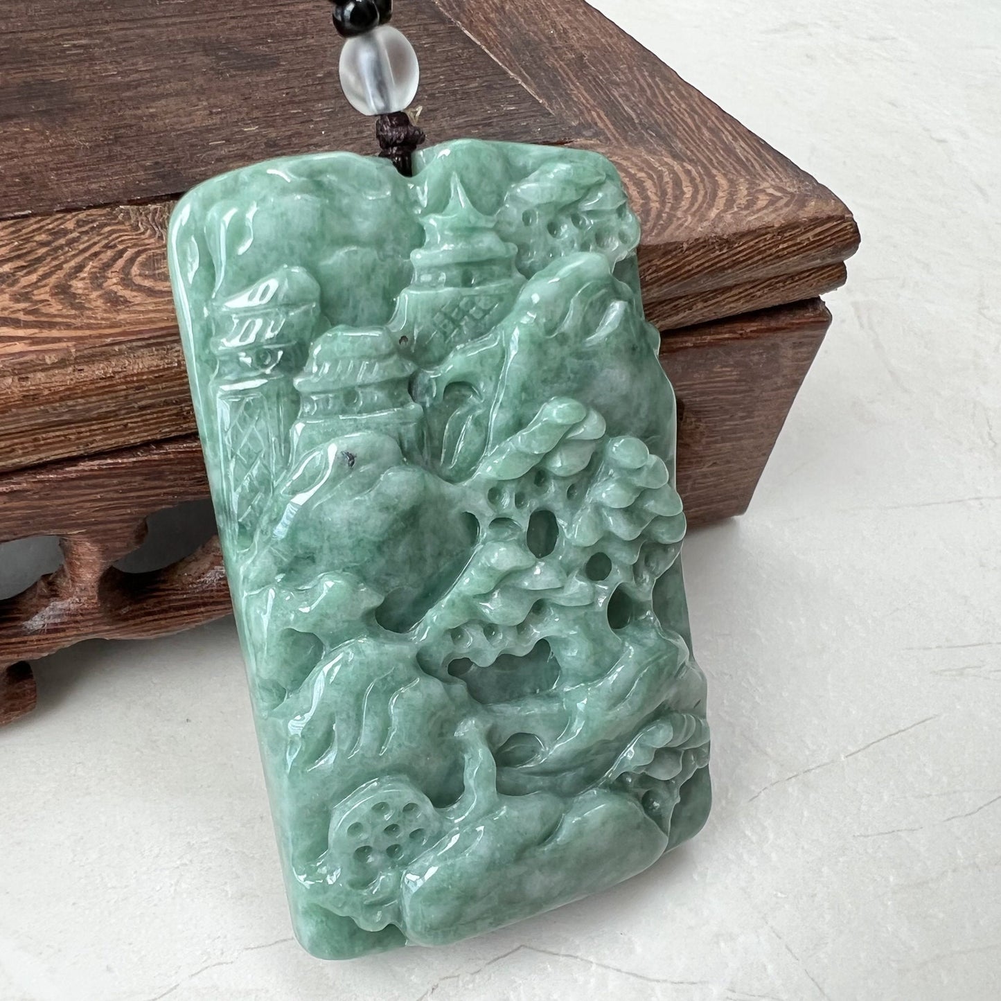 Large Tree Jade Pendant, Mountain Forest River Scenery, Hand Carved Pendant Necklace, YJ-0921-0179910 - AriaDesignCollection