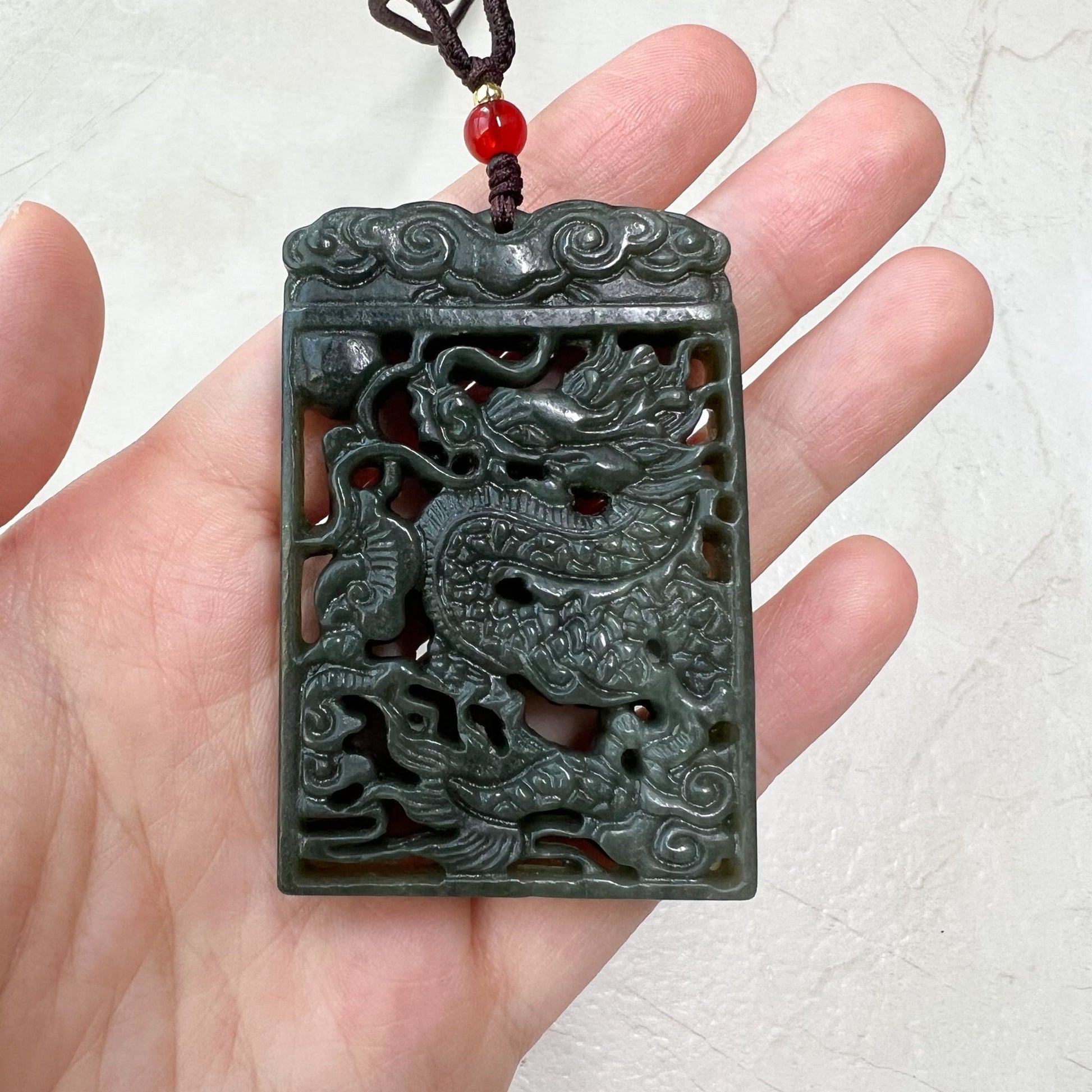 Dark Green, Nephrite Jade Dragon Zodiac Hand Carved Necklace, YJ-0921-0171767 - AriaDesignCollection