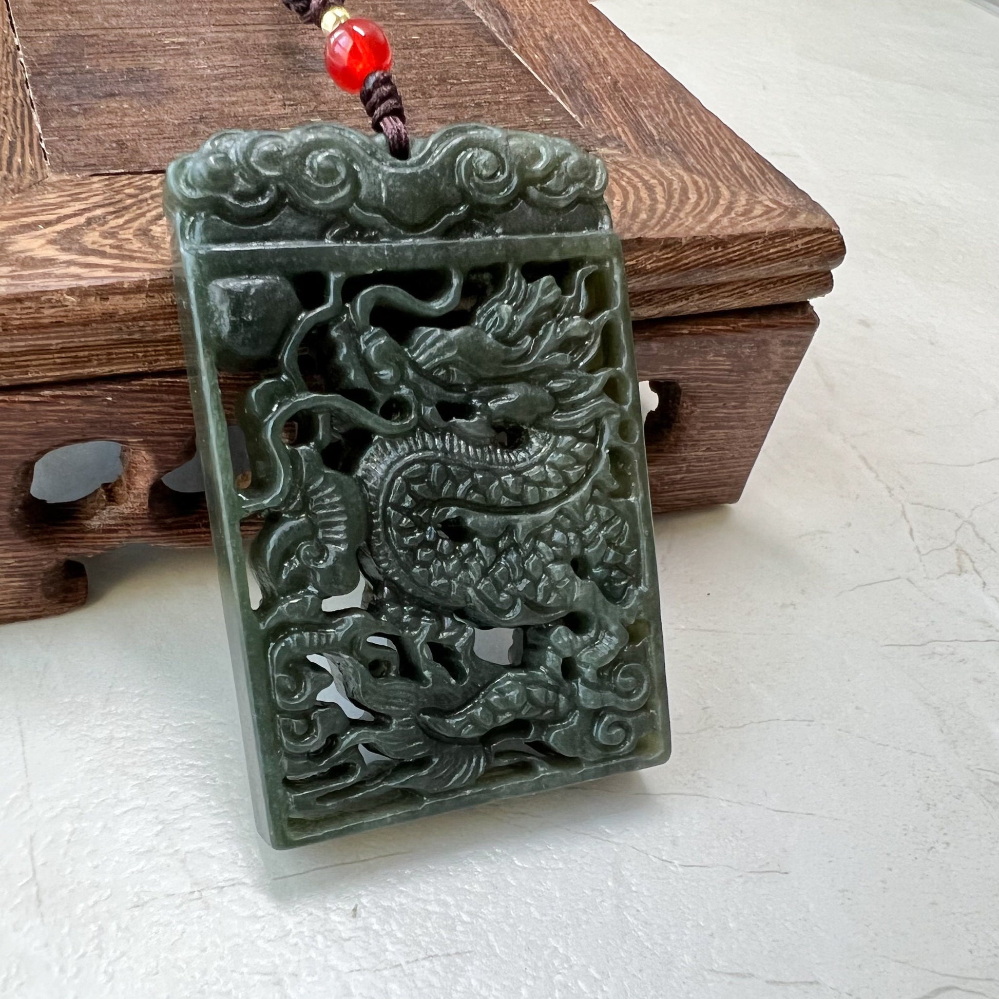 Dark Green, Nephrite Jade Dragon Zodiac Hand Carved Necklace, YJ-0921-0171767 - AriaDesignCollection