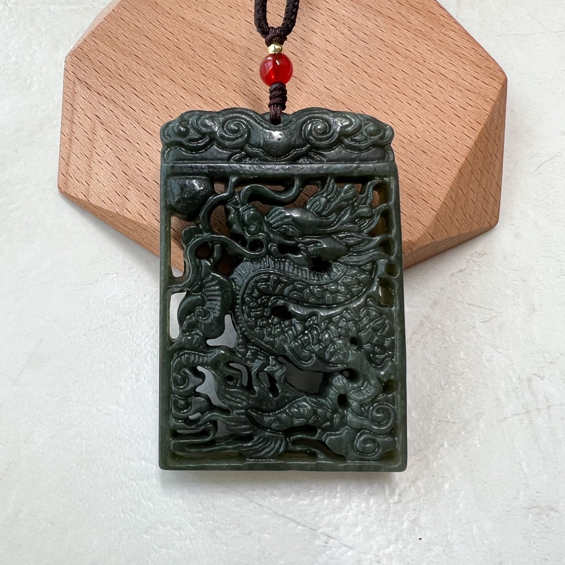 Dark Green, Nephrite Jade Dragon Zodiac Hand Carved Necklace, YJ-0921-0171767 - AriaDesignCollection