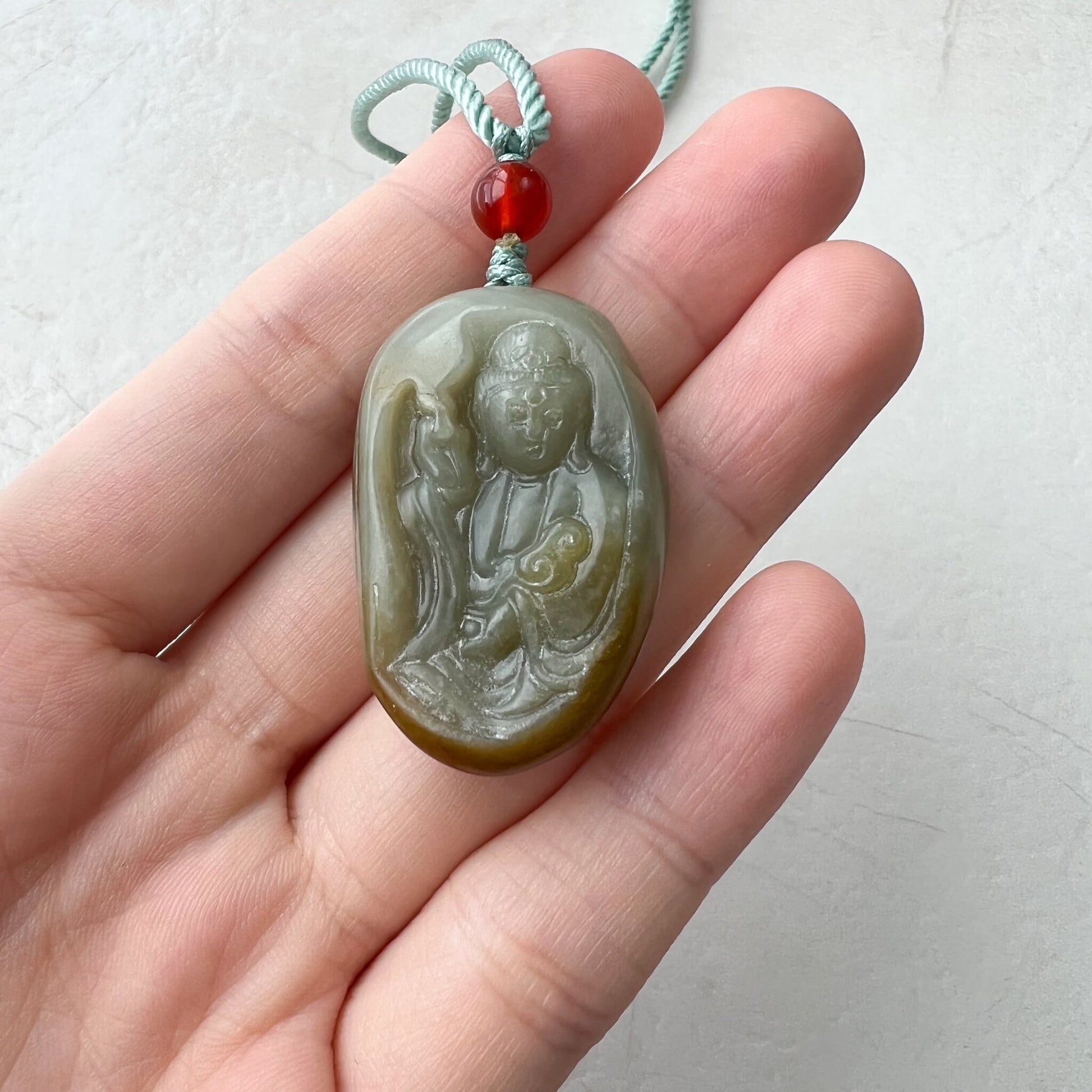 Yellow Red Nephrite Jade Guan Yin Necklace, Hand Carved, Pendant, Quan Am, YW-0110-1647116068 - AriaDesignCollection