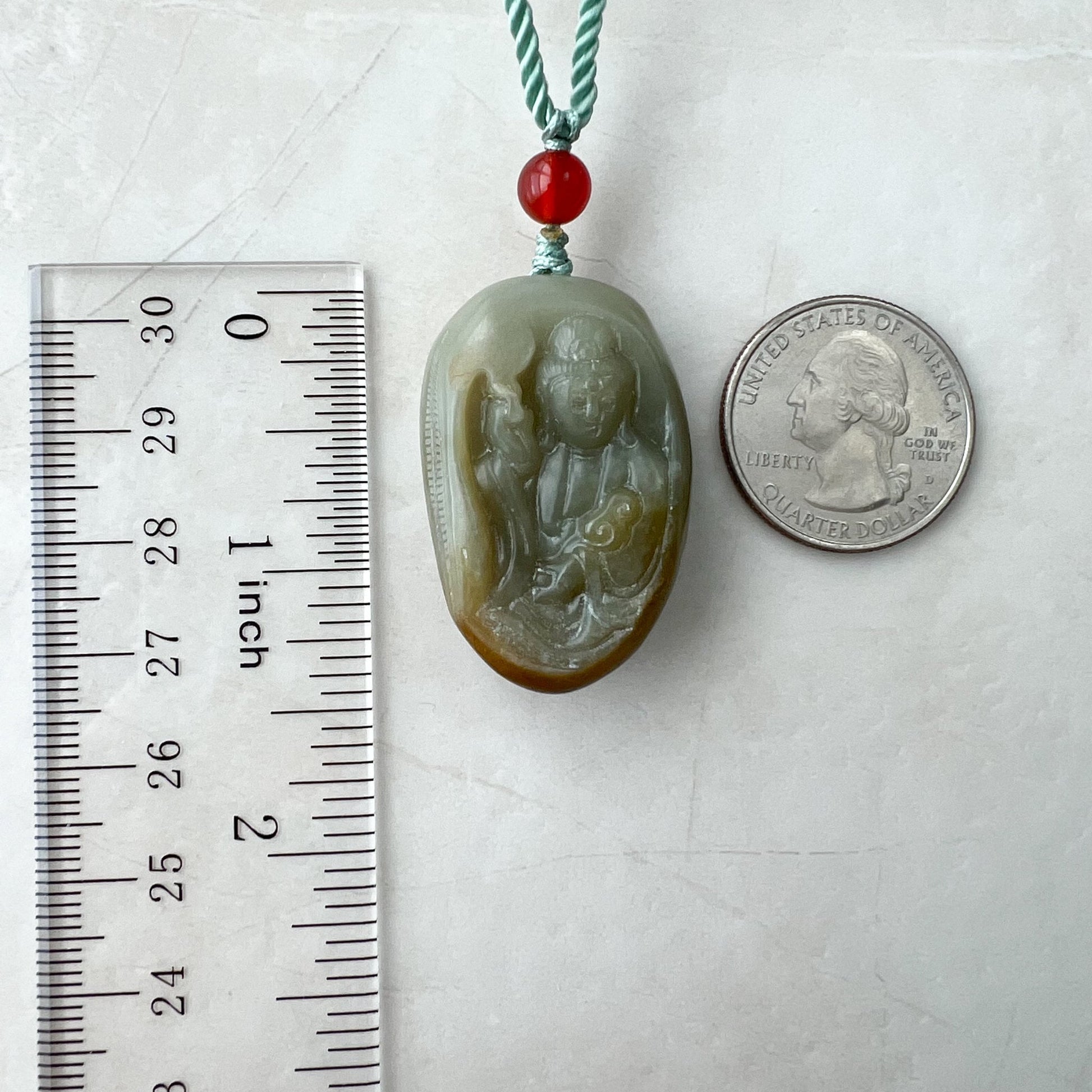 Yellow Red Nephrite Jade Guan Yin Necklace, Hand Carved, Pendant, Quan Am, YW-0110-1647116068 - AriaDesignCollection