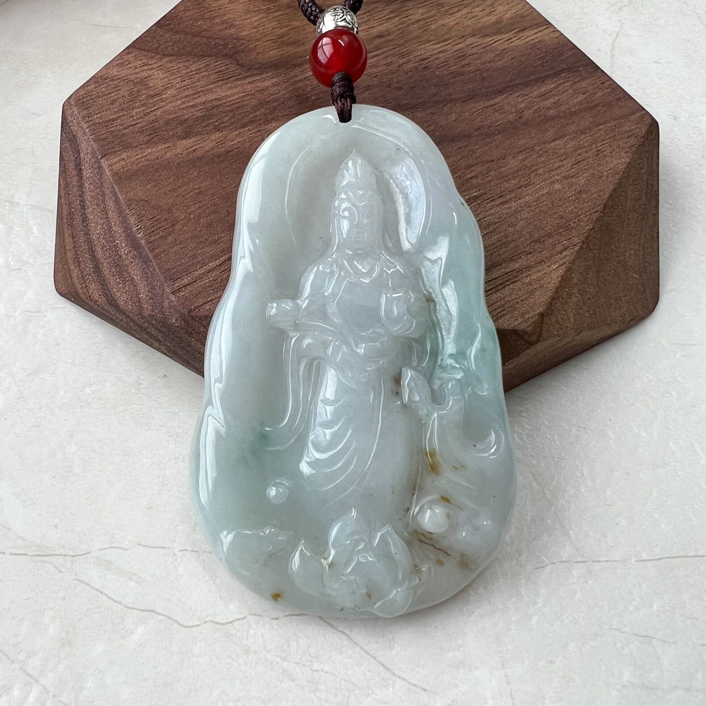 Jadeite Jade Standing Guan Yin, Green Gray-Purple Yellow,  Avalokiteshvara Carved Pendant Necklace, Quan Am, YJ-0921-0127433 - AriaDesignCollection