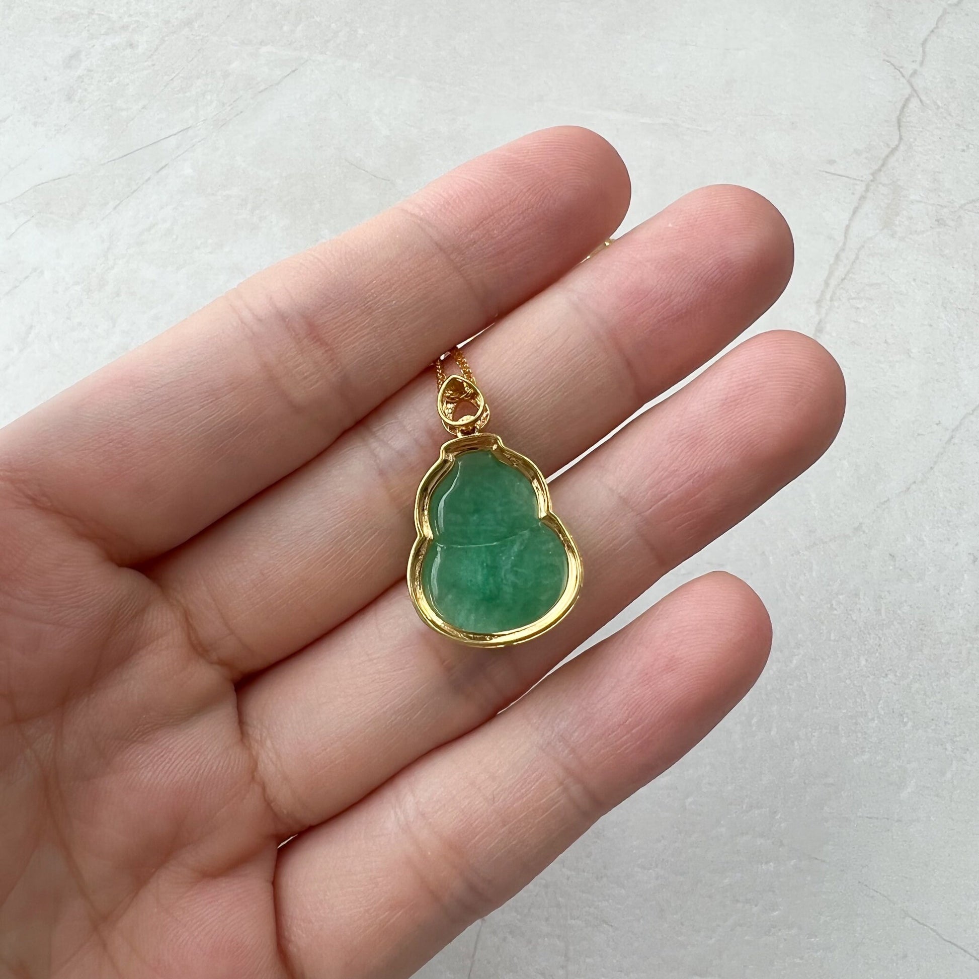 Jade Bottle Gourd, Jadeite Jade, 18K Gold Set, Calabash, Small and Dainty, Hand Carved Pendant Necklace, FSX-0921-KSA32457 - AriaDesignCollection