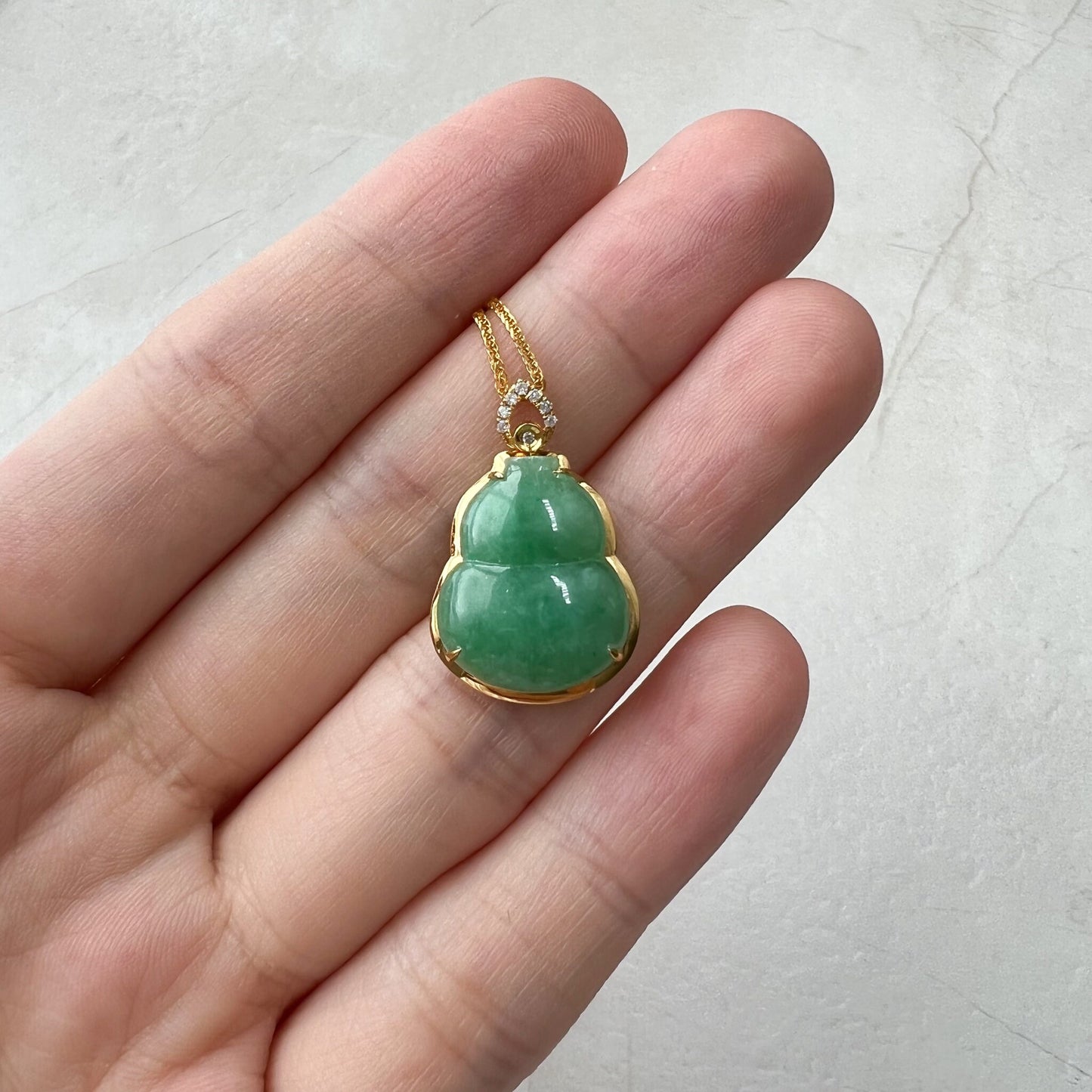 Jade Bottle Gourd, Jadeite Jade, 18K Gold Set, Calabash, Small and Dainty, Hand Carved Pendant Necklace, FSX-0921-KSA32457 - AriaDesignCollection