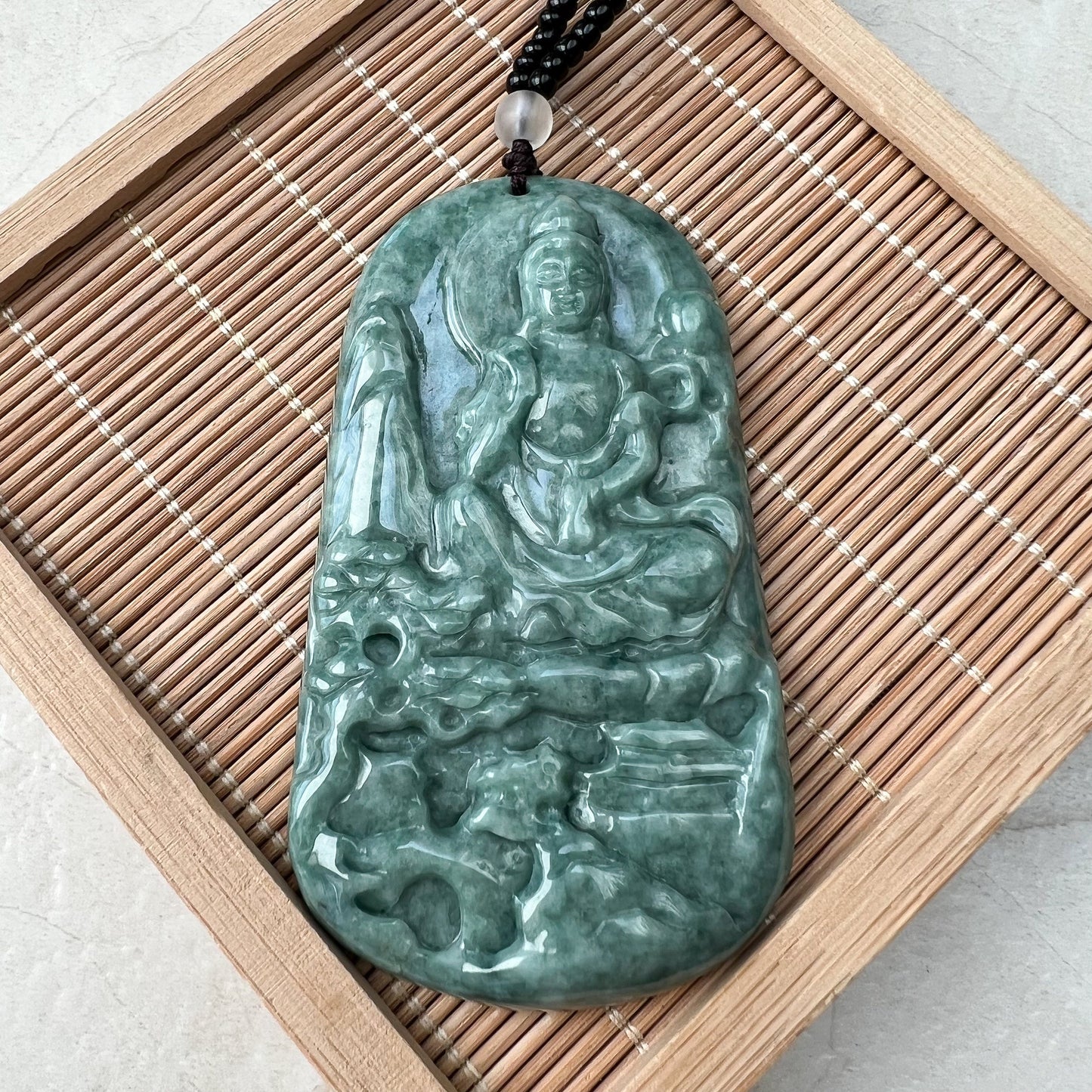 Large Guan Yin, Jadeite Jade, Mountain Landscape Avalokiteshvara Hand Carved Pendant Necklace, YJ-0921-0165368 - AriaDesignCollection