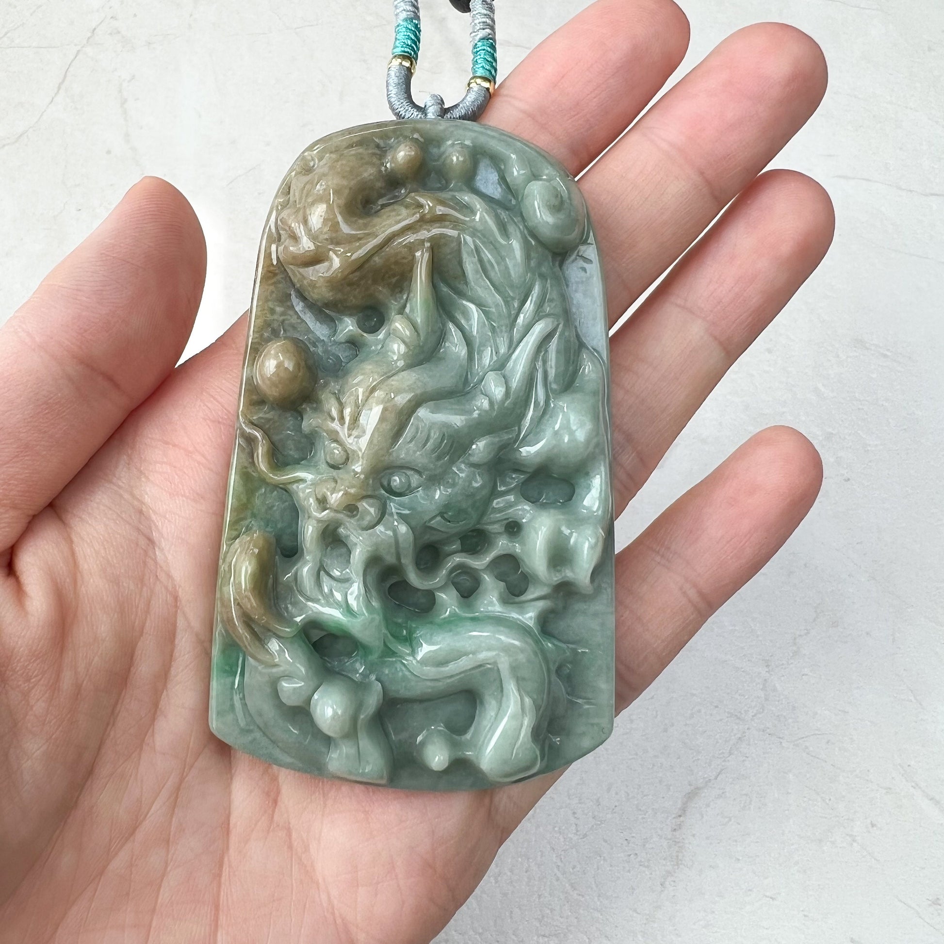 Large Jadeite Jade Dragon Chinese Zodiac Hand Carved Pendant Necklace, YJ-0921-0111276 - AriaDesignCollection