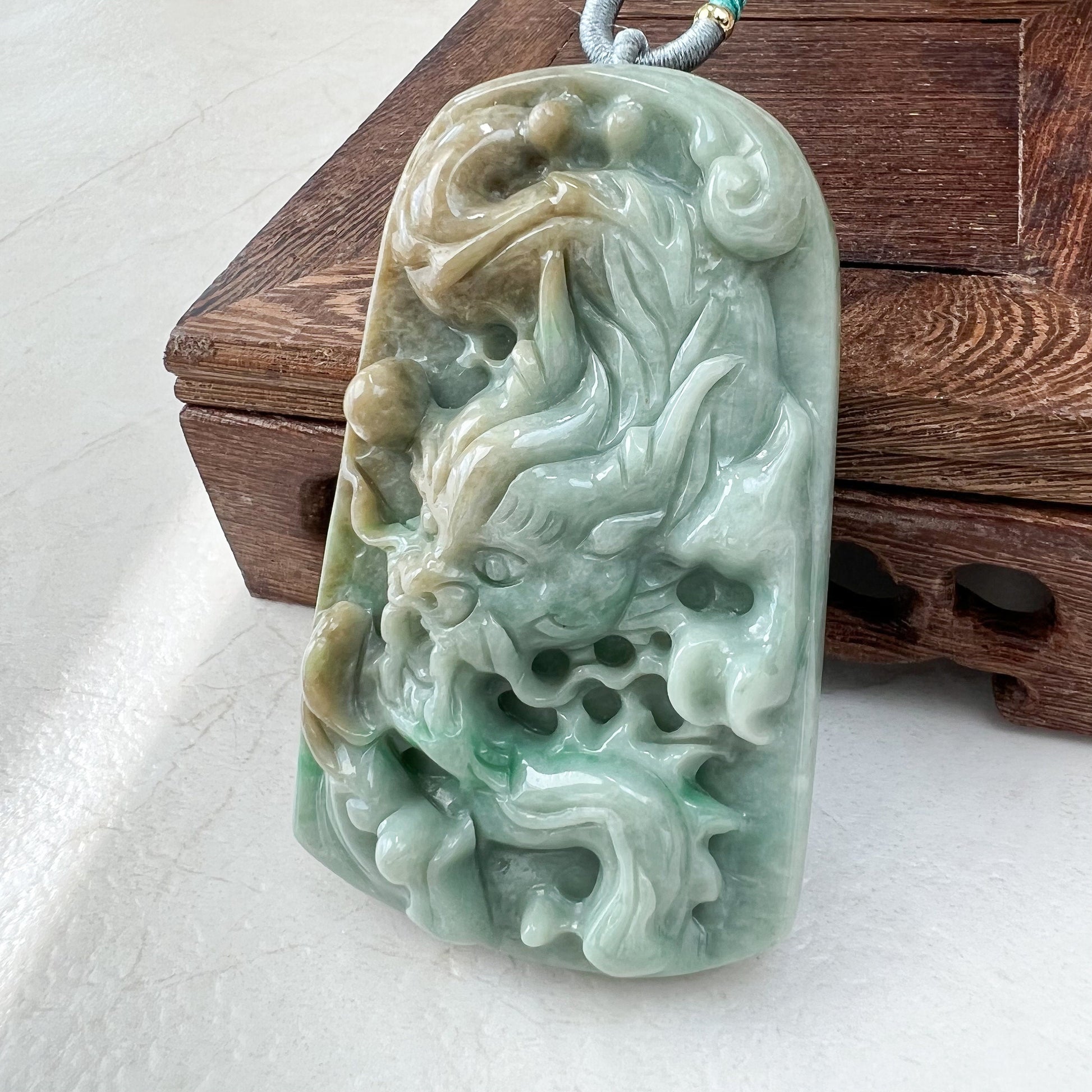 Large Jadeite Jade Dragon Chinese Zodiac Hand Carved Pendant Necklace, YJ-0921-0111276 - AriaDesignCollection