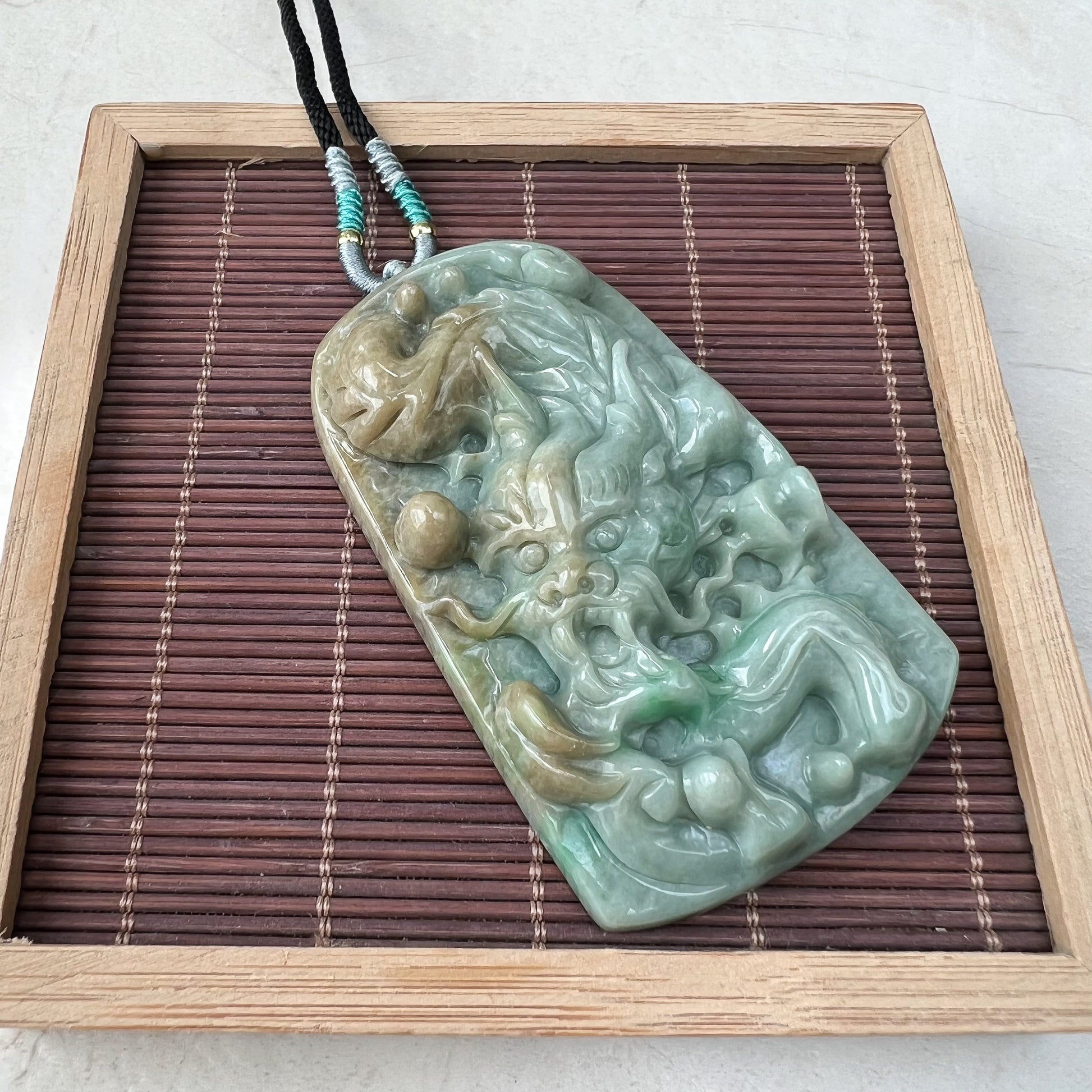 Large Jadeite Jade Dragon Chinese Zodiac Hand Carved Pendant Necklace, YJ-0921-0111276 - AriaDesignCollection