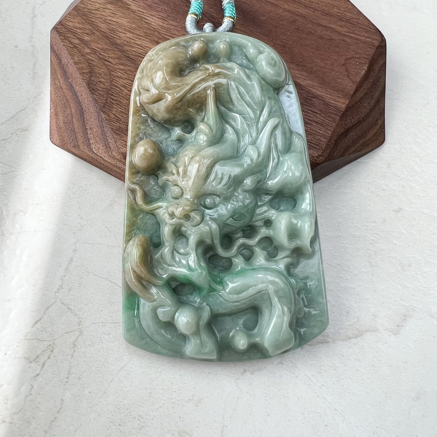 Large Jadeite Jade Dragon Chinese Zodiac Hand Carved Pendant Necklace, YJ-0921-0111276 - AriaDesignCollection