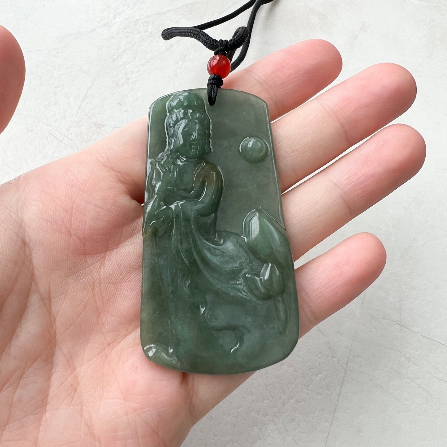 Jadeite Jade Guan Yin Kwan Yin Protected by Dragon Avalokitesvara Semi-Translucent Carved Pendant Necklace, Quan Am, YJ-0921-0166679 - AriaDesignCollection