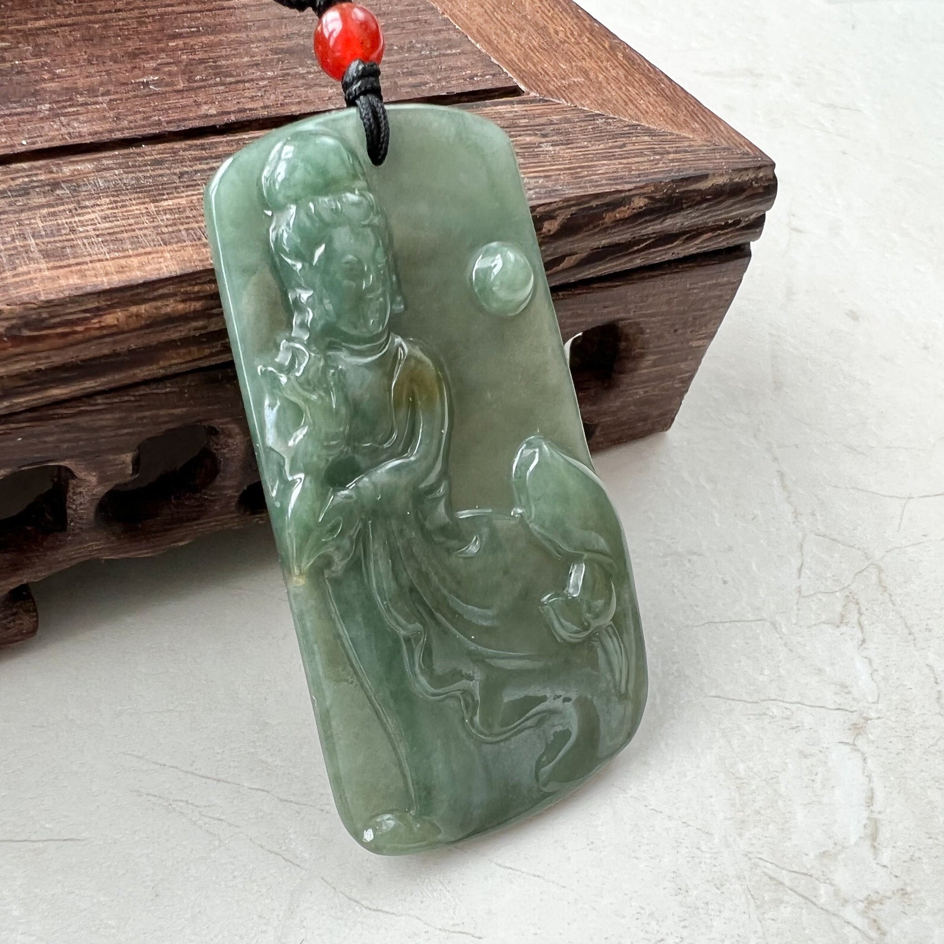 Jadeite Jade Guan Yin Kwan Yin Protected by Dragon Avalokitesvara Semi-Translucent Carved Pendant Necklace, Quan Am, YJ-0921-0166679 - AriaDesignCollection