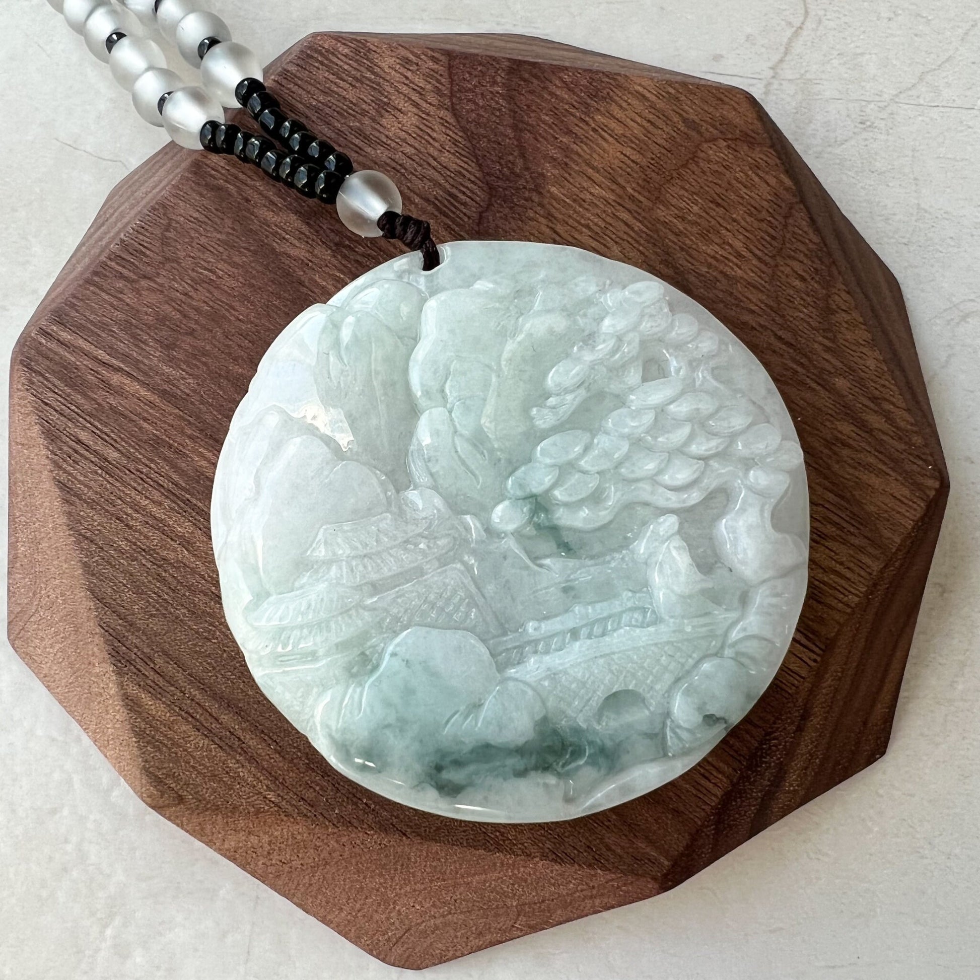 Jadeite Jade Landscape Mountain Forest River Scenery Hand Carved Pendant Necklace, Double Sided Carving, YJ-0921-0171769 - AriaDesignCollection