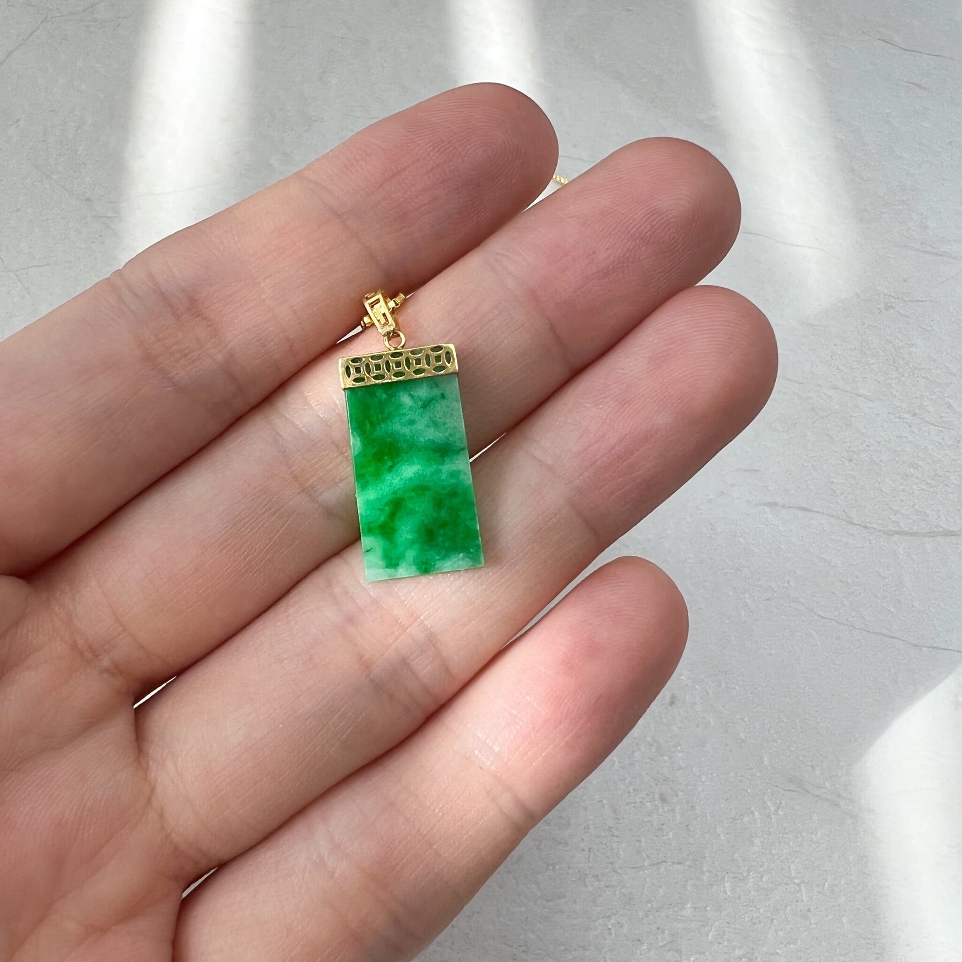 Small Green Jade Column Pendant, Jadeite Jade, 18K Gold Bail, Dainty Pendant Necklace, FSX-0621-1646839089 - AriaDesignCollection