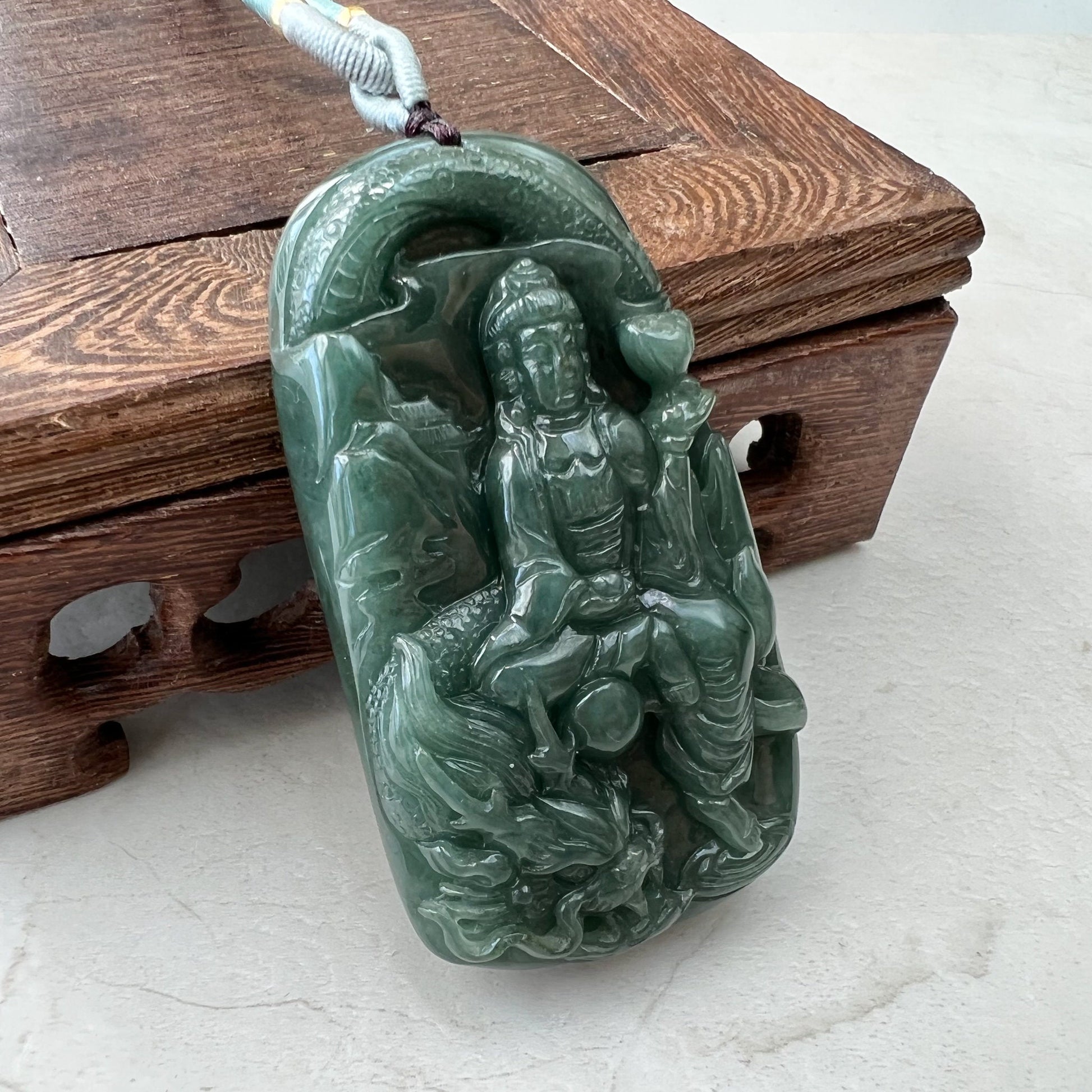 Jadeite Jade Guan Yin Kwan Yin Protected by Dragon Avalokitesvara Semi-Translucent Carved Pendant Necklace, YJ-0921-0134894 - AriaDesignCollection