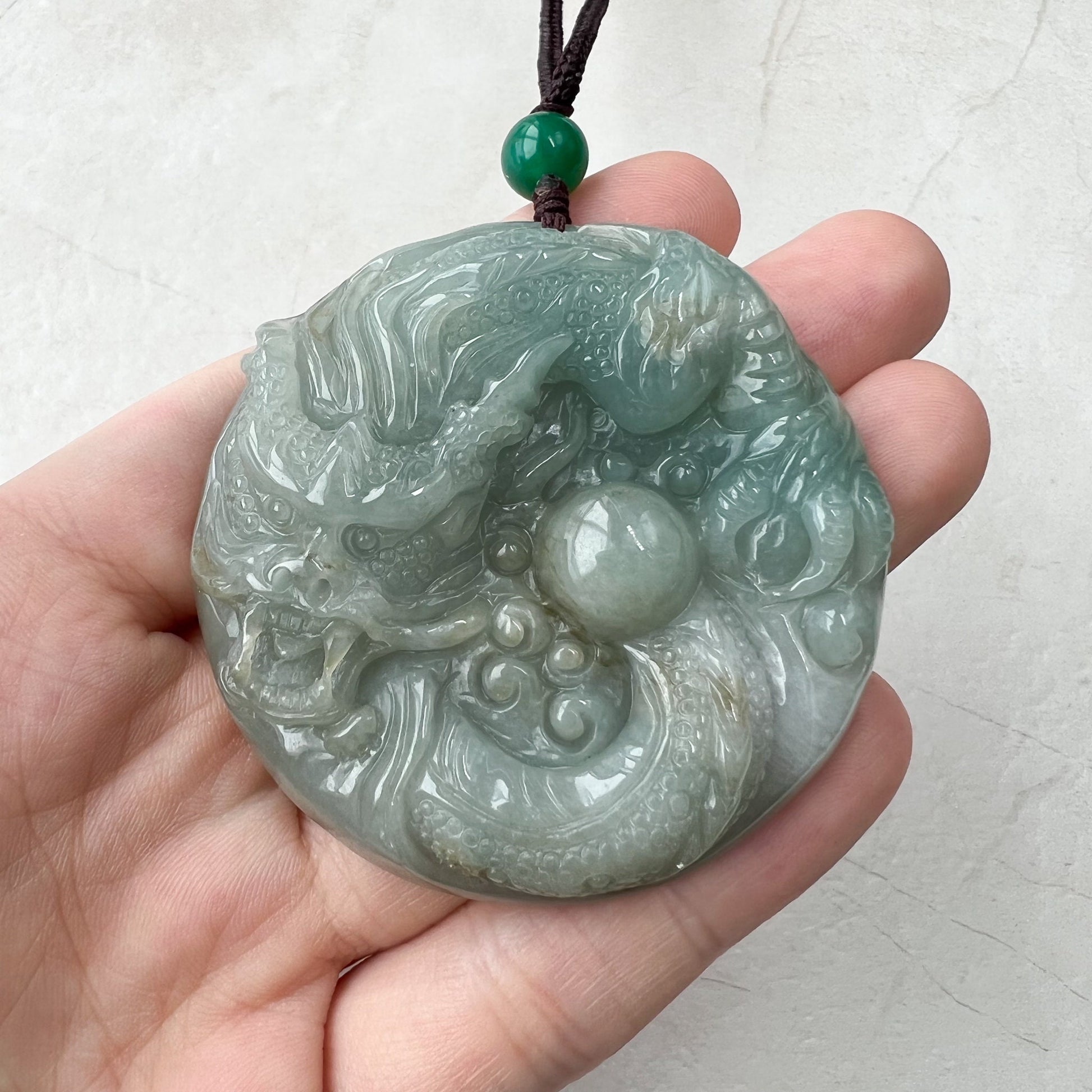 Green Jadeite Jade Dragon Chinese Zodiac Hand Carved Pendant Necklace, YJ-0921-0170707 - AriaDesignCollection