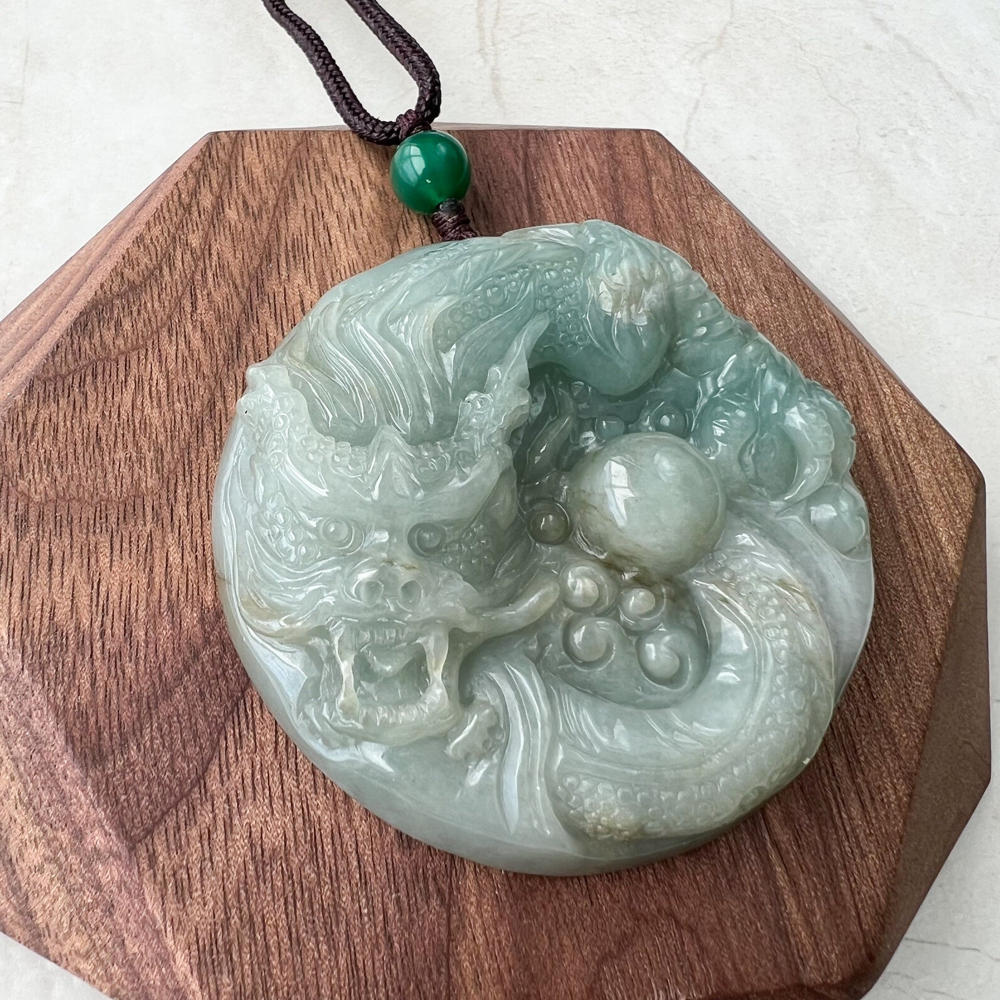 Green Jadeite Jade Dragon Chinese Zodiac Hand Carved Pendant Necklace, YJ-0921-0170707 - AriaDesignCollection