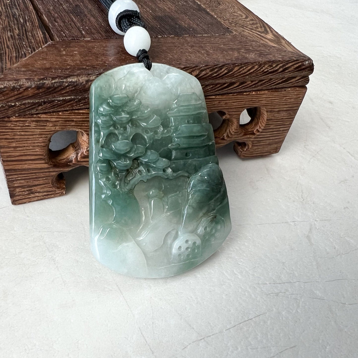 Jadeite Jade Tree Landscape Mountain Forest River Scenery Hand Carved Pendant Necklace, YJ-0921-0137879 - AriaDesignCollection