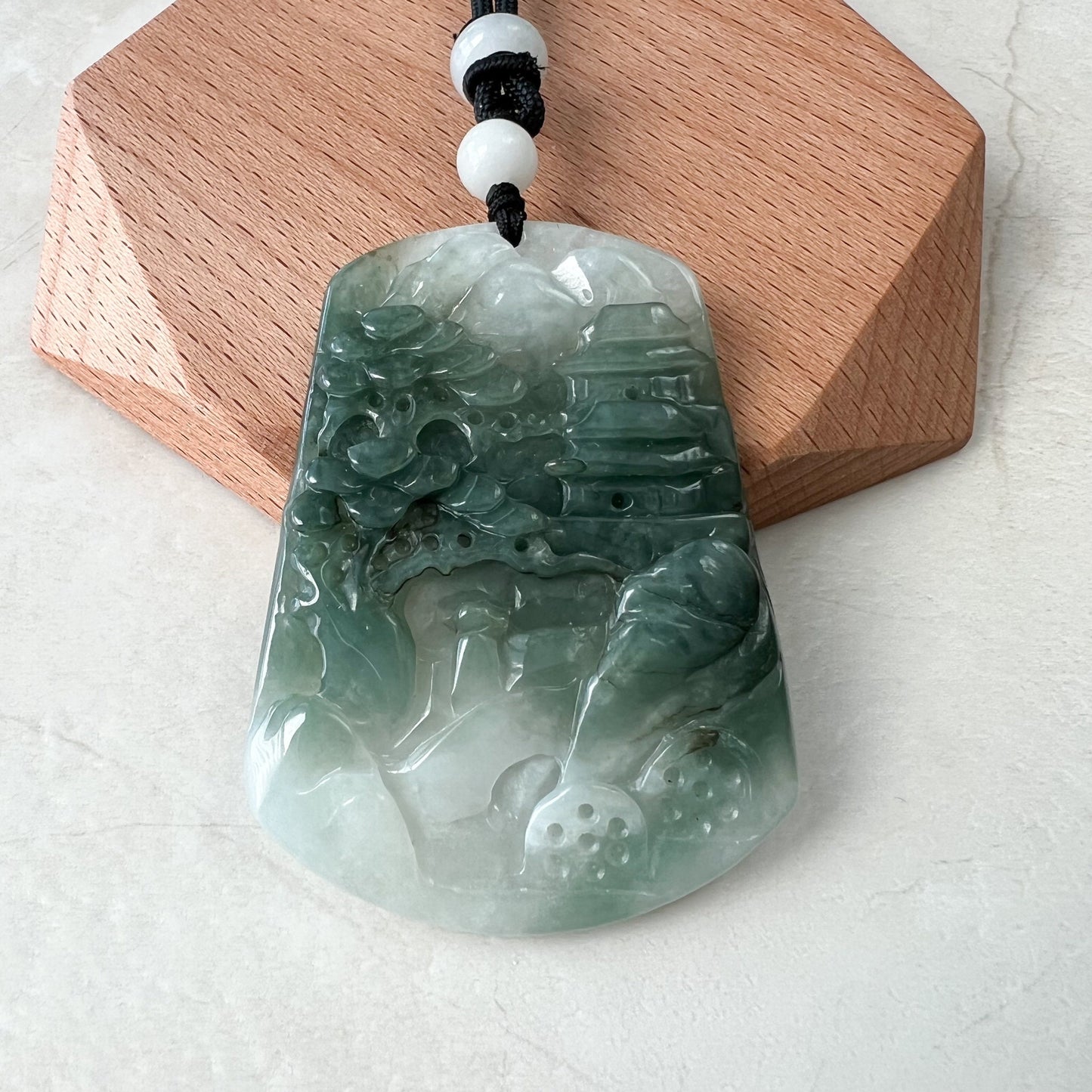 Jadeite Jade Tree Landscape Mountain Forest River Scenery Hand Carved Pendant Necklace, YJ-0921-0137879 - AriaDesignCollection