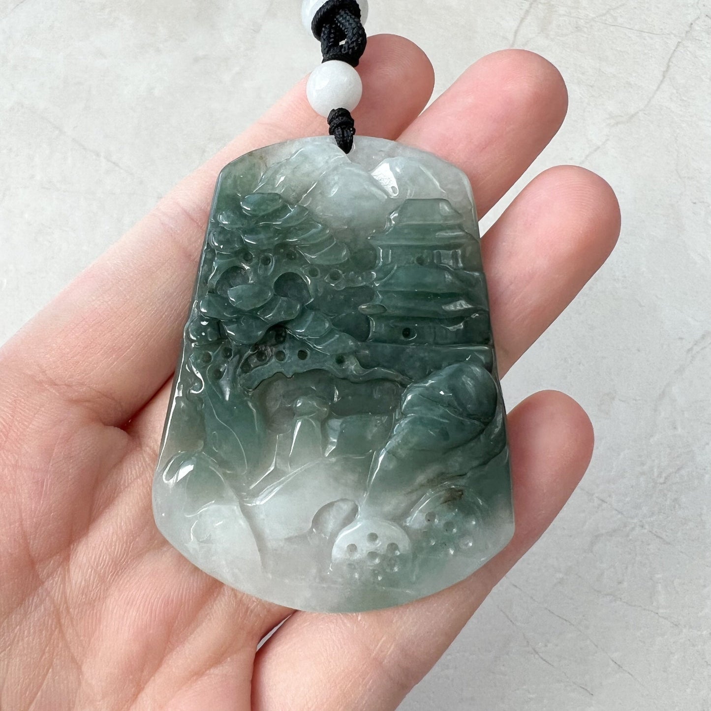 Jadeite Jade Tree Landscape Mountain Forest River Scenery Hand Carved Pendant Necklace, YJ-0921-0137879 - AriaDesignCollection