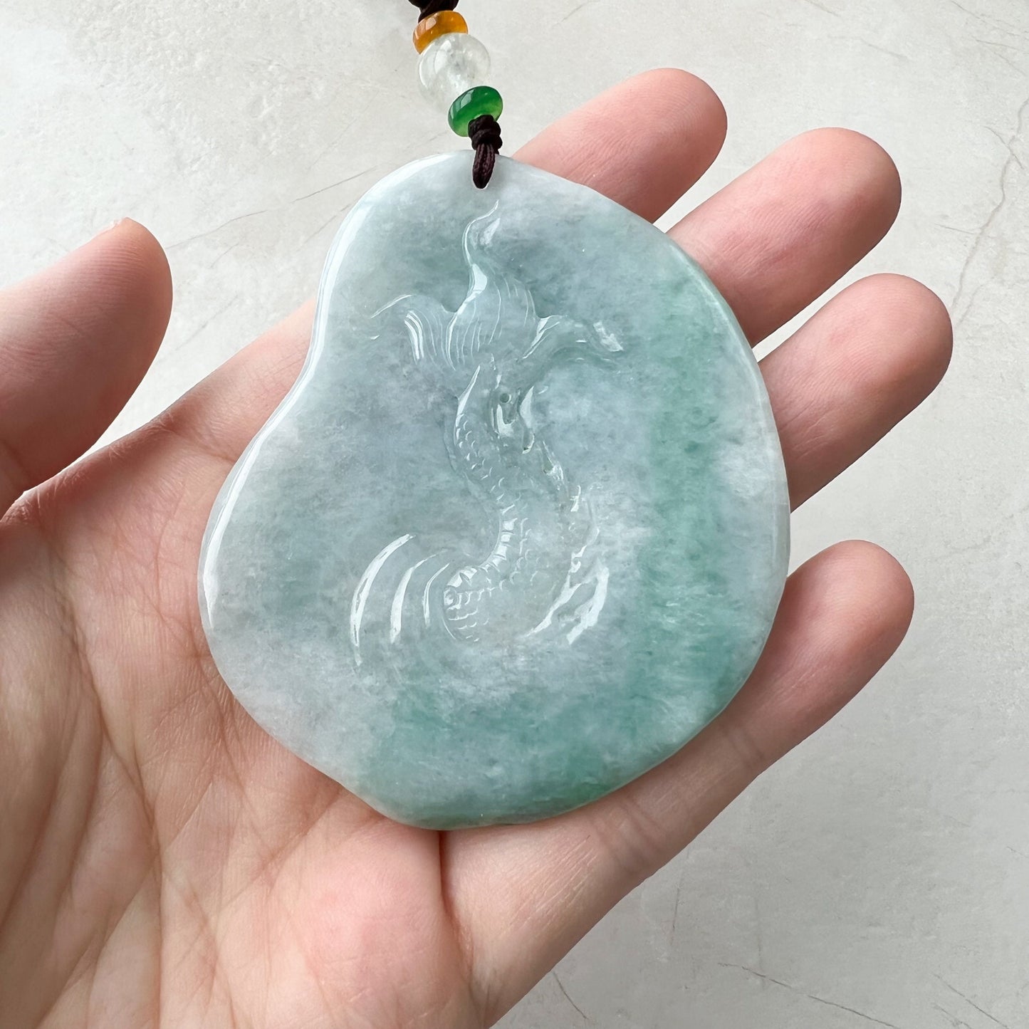 Large Green Jadeite Jade Dragon Chinese Zodiac Hand Carved Pendant Necklace, YJ-0921-0338655 - AriaDesignCollection