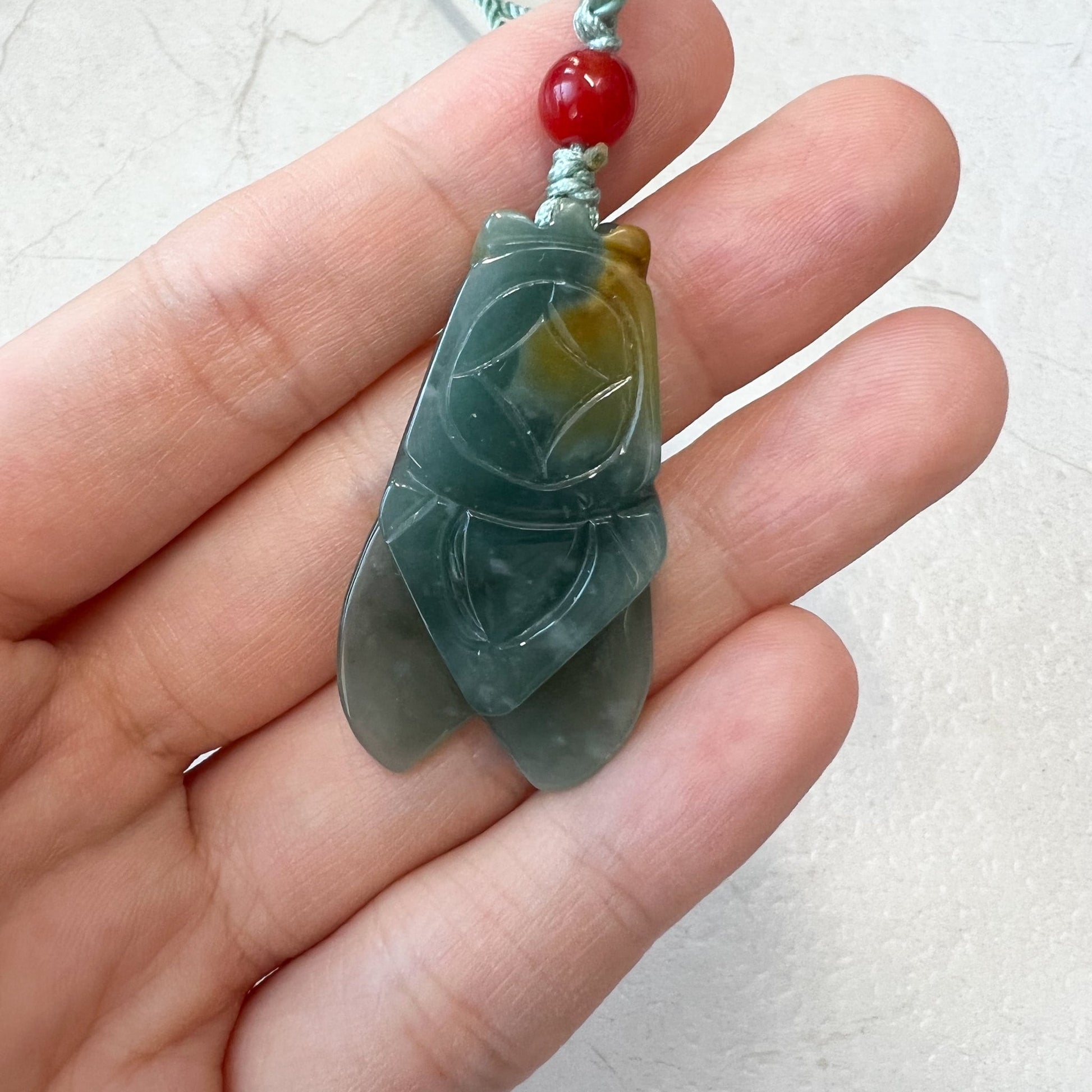 Green Blue Jadeite Jade Cicada Hand Carved Necklace, XFQ-0921-1647141532 - AriaDesignCollection