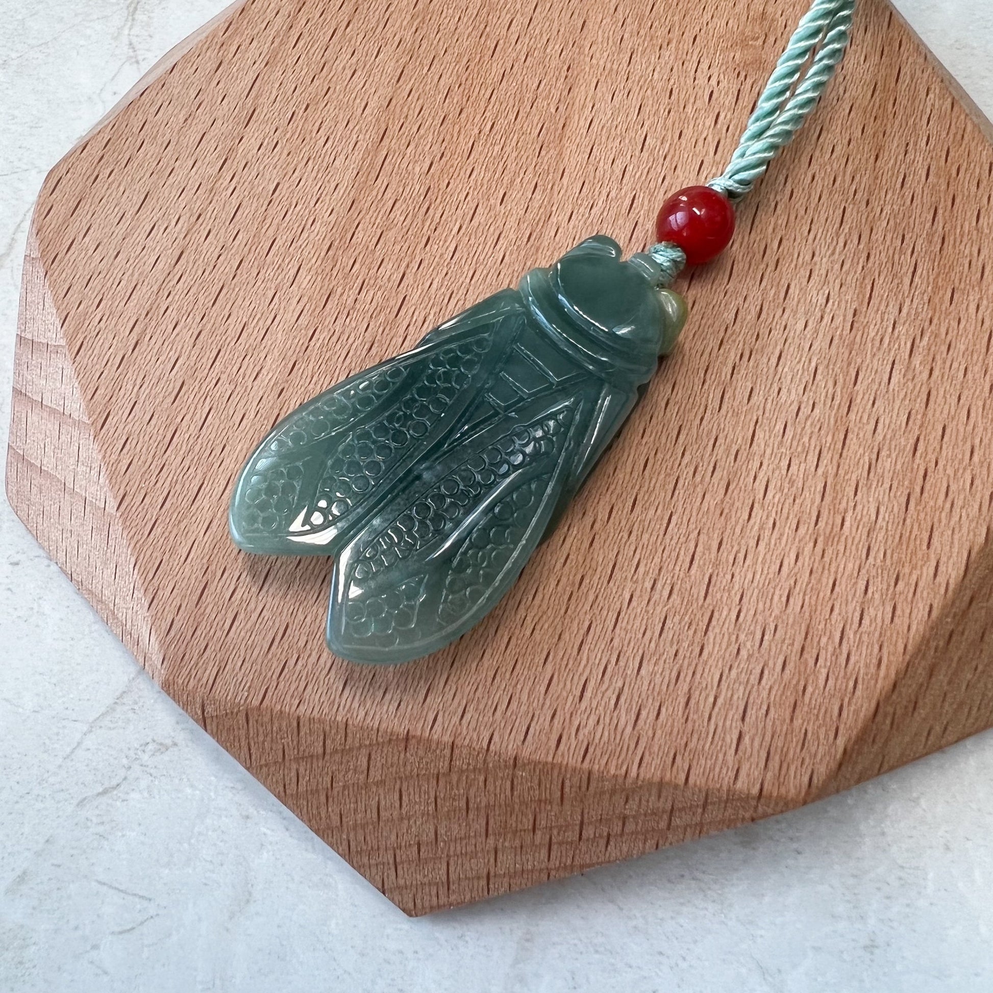 Green Blue Jadeite Jade Cicada Hand Carved Necklace, XFQ-0921-1647141532 - AriaDesignCollection