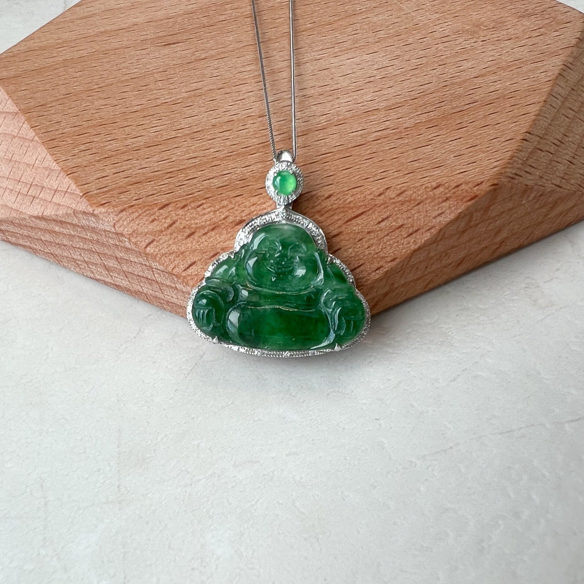 Small Green Happy Buddha, Jadeite Jade, 18K White Gold Set & Chain, Hand Carved Pendant Necklace, QY-0921-DFZB45529 - AriaDesignCollection