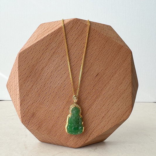 Small Jade Guan Yin, 18K Gold, Kwan Yin Avalokitesvara, Semi-Translucent Carved Pendant Necklace, FSX-0921-DY24887 - AriaDesignCollection