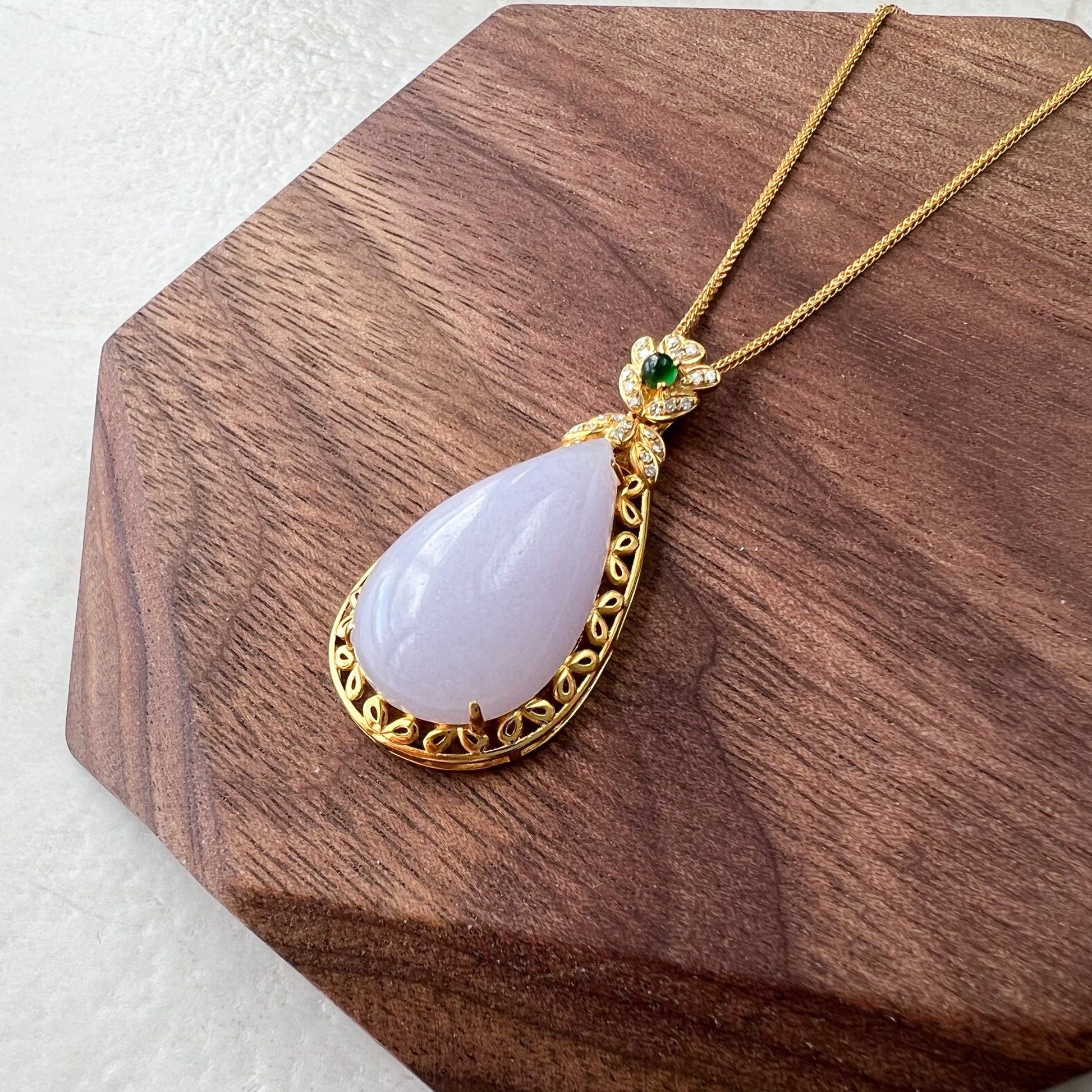 Purple Jade Teardrop Pendant, Jadeite Jade, 18K Gold, Lavender, Pendant Necklace, FSX-0921-DY21511 - AriaDesignCollection