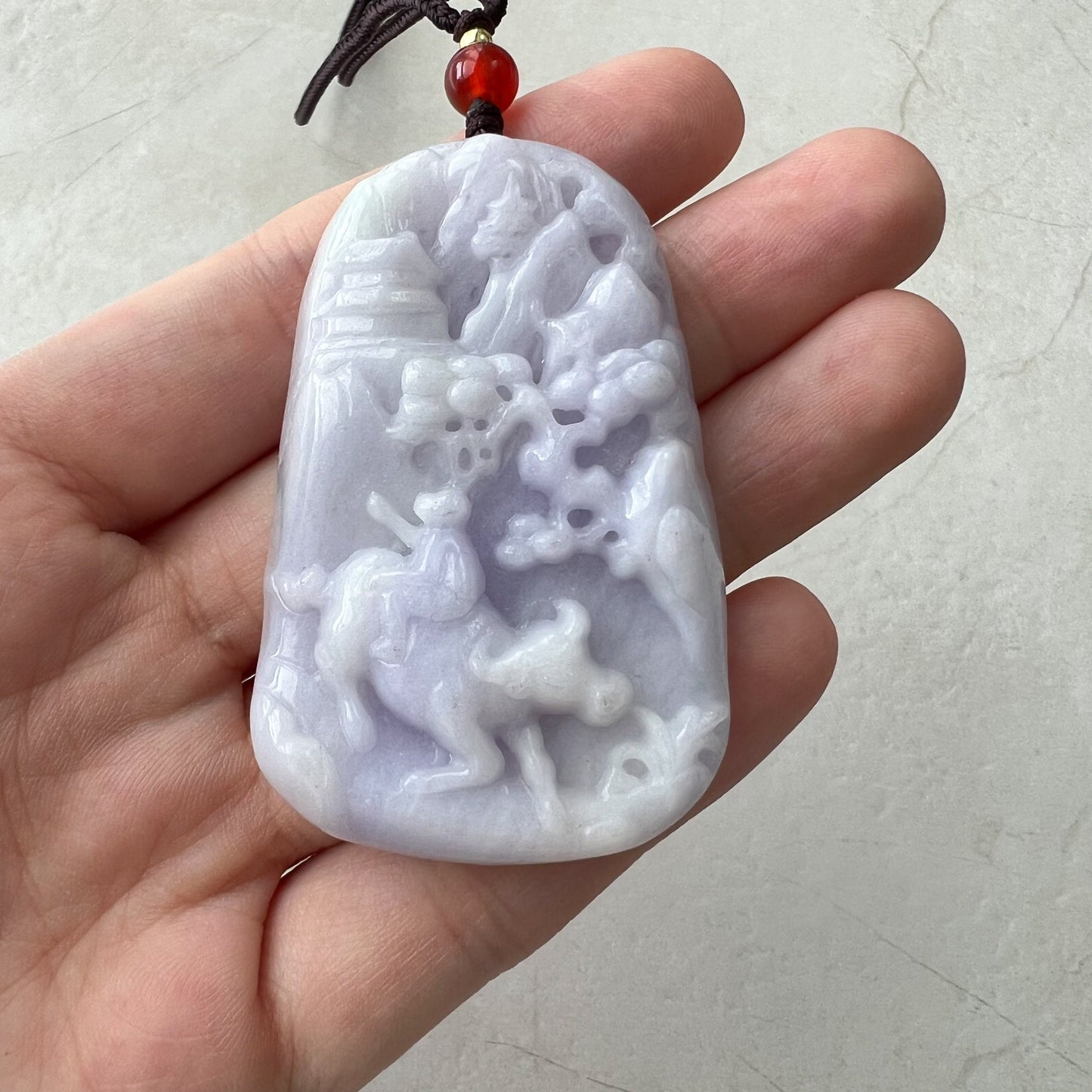 Purple Jade Ox, Jadeite Jade, Bull Cow Chinese Zodiac Hand Carved Pendant Necklace, YJ-0321-0322414 - AriaDesignCollection