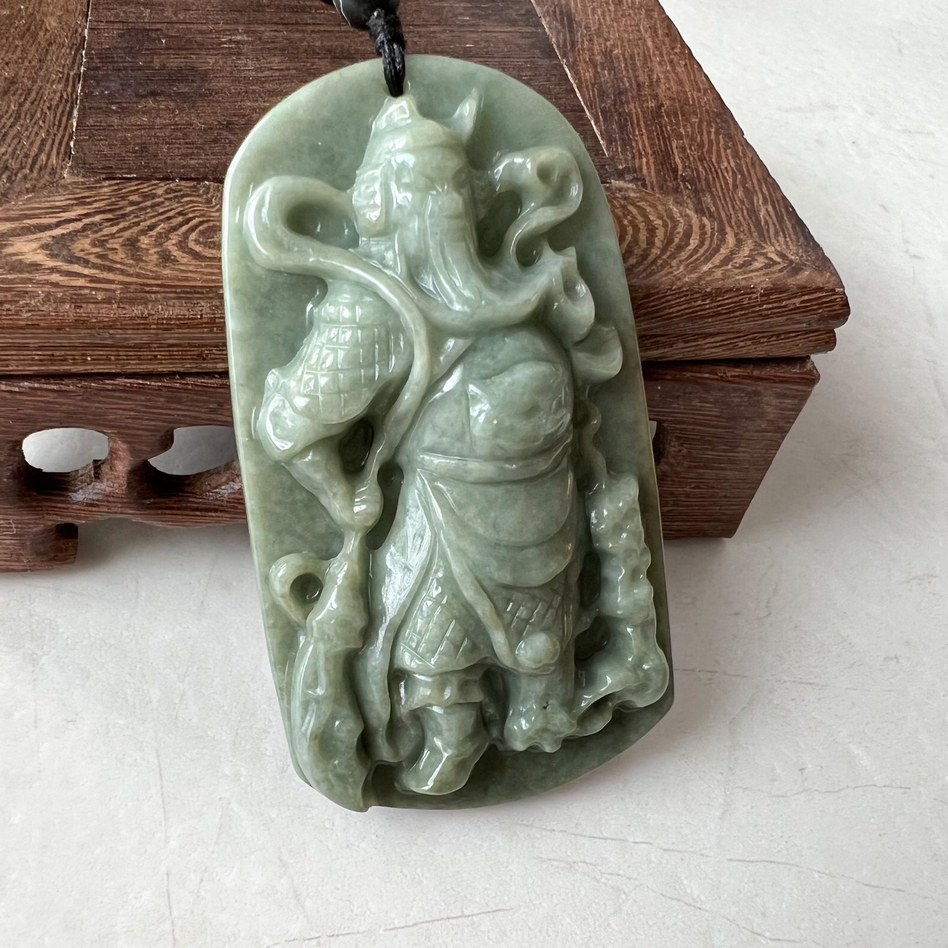 Large Green Jadeite Jade Guan Yu Guan Gong Carved Pendant Necklace, YJ-0621-0227652 - AriaDesignCollection