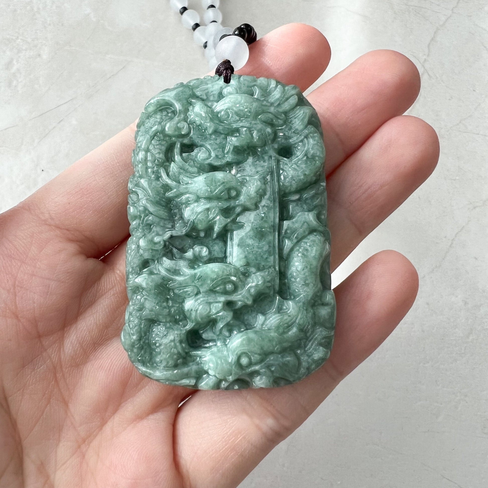 Green Jade 9 Dragon Jadeite Jade Chinese Zodiac Hand Carved Pendant Necklace, YJ-1221-0233671 - AriaDesignCollection