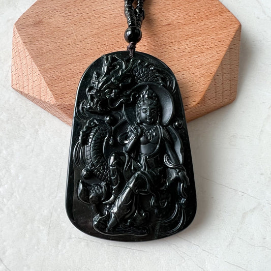 Black Jadeite Jade Omphacite Guan Yin Protected by Dragon Necklace, LGG-1221-1646926859 - AriaDesignCollection