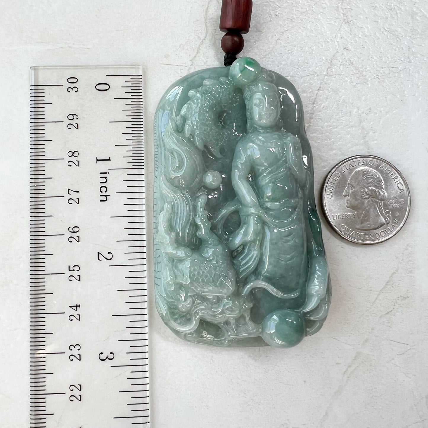 Large Jadeite Jade Guan Yin Kwan Yin Protected by Dragon Avalokitesvara Semi-Translucent Carved Pendant Necklace, YJ-0321-0348736 - AriaDesignCollection