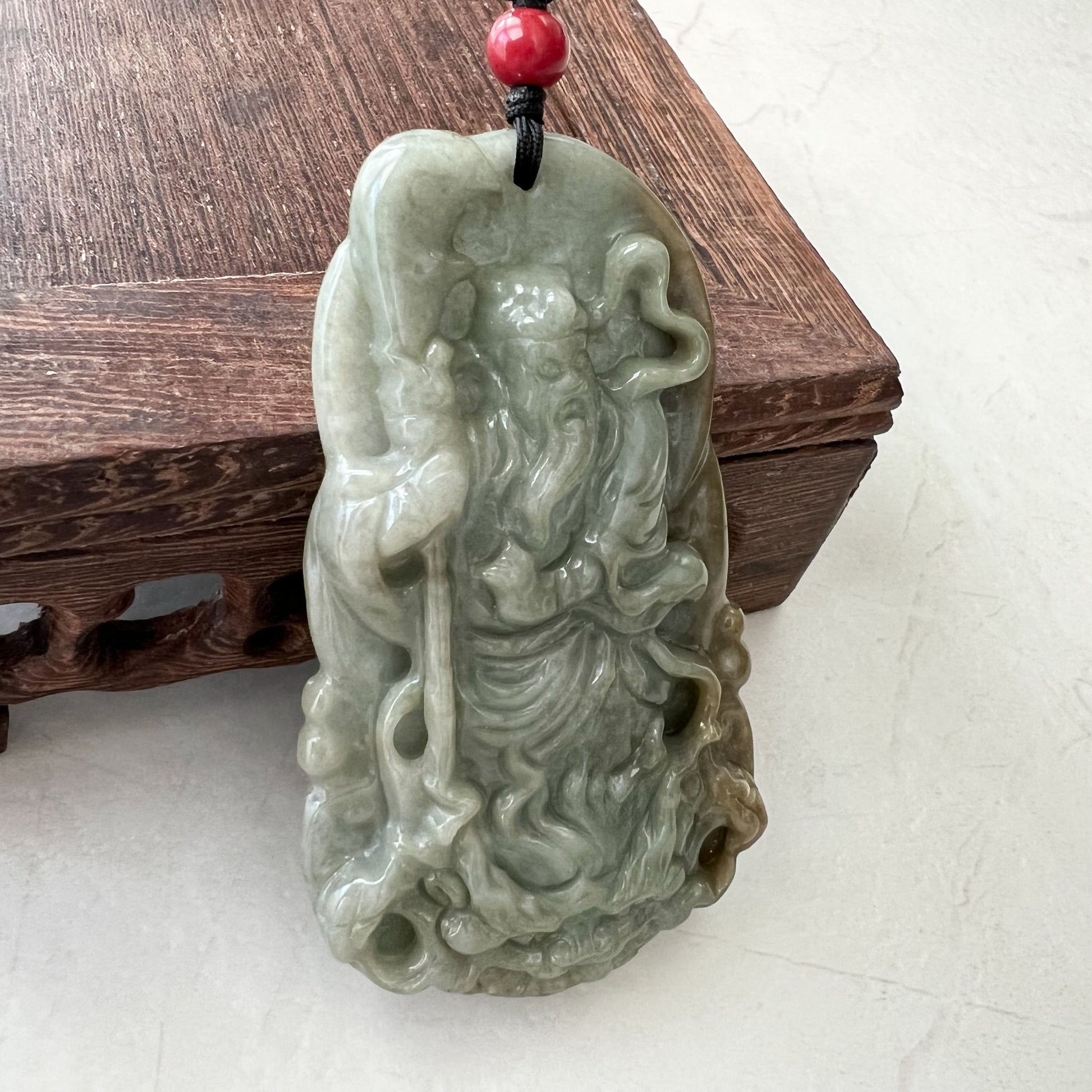 Guan Yu Guan Gong, Yellow and Green Jadeite Jade, God of Wealth and War, Hand Carved Pendant Necklace, YJ-1221-0134809 - AriaDesignCollection