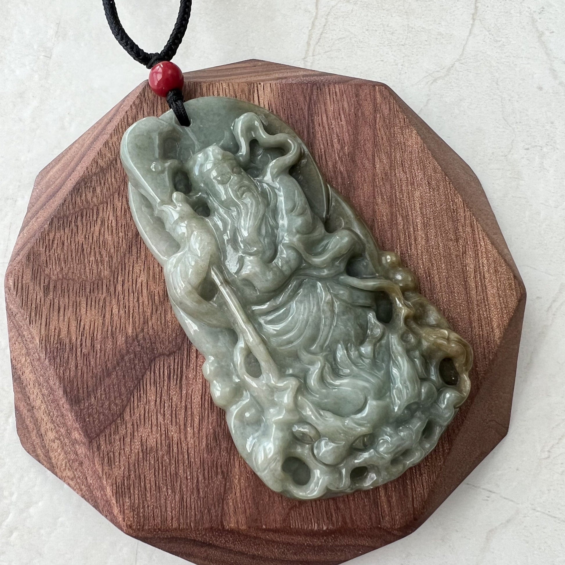 Guan Yu Guan Gong, Yellow and Green Jadeite Jade, God of Wealth and War, Hand Carved Pendant Necklace, YJ-1221-0134809 - AriaDesignCollection