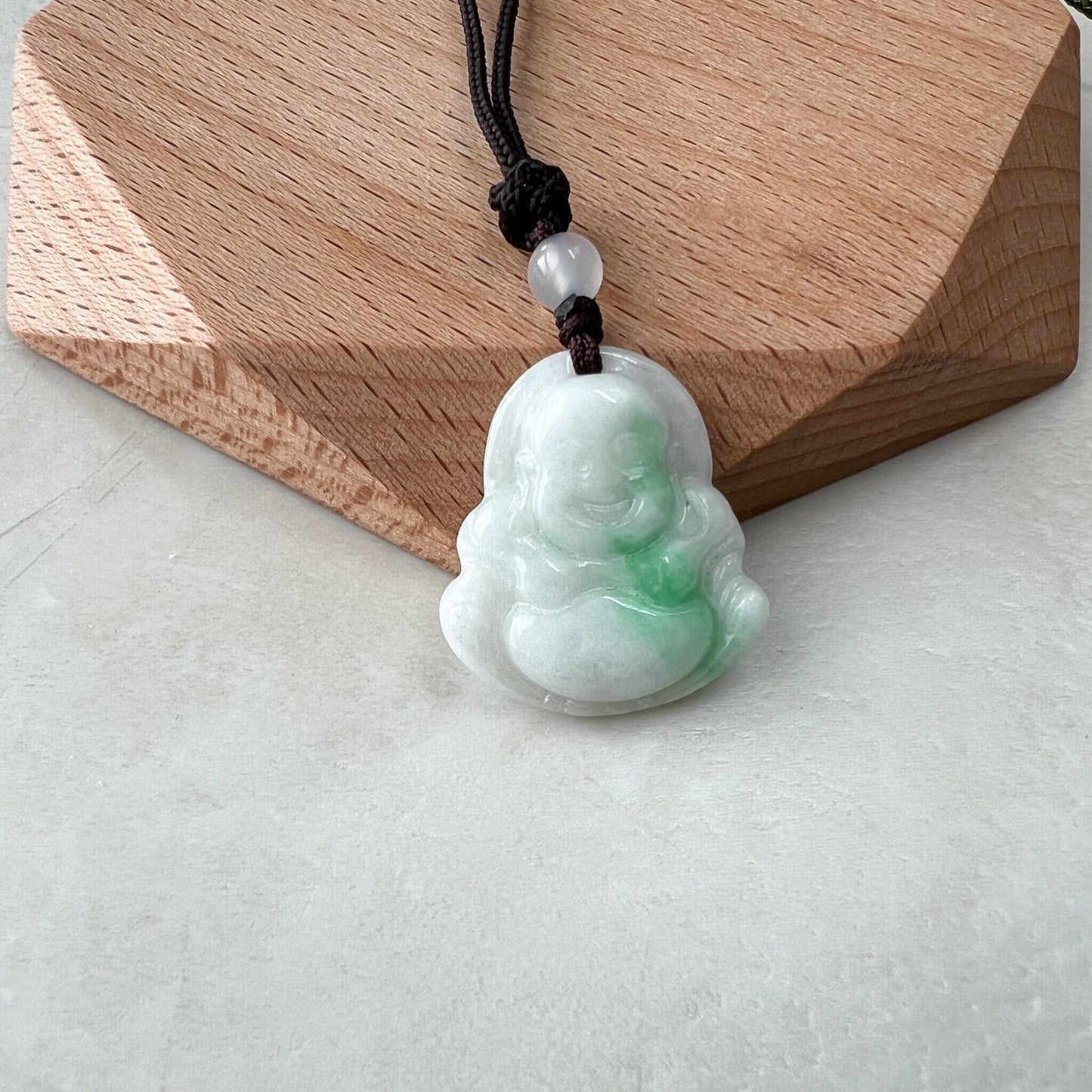 Happy Laughing Buddha, Jadeite Jade Buddha, Green and white, Hand Carved Pendant, YW-0110-1647033927 - AriaDesignCollection