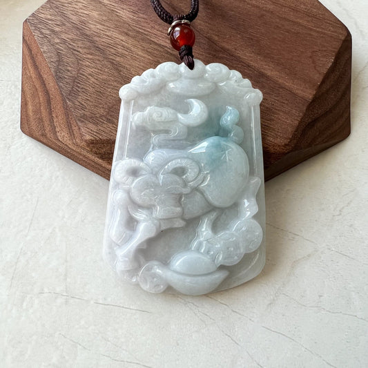 Gray Green Jadeite Jade Ox Bull Cow Chinese Zodiac Carved Necklace, YJ-0321-0342778-1 - AriaDesignCollection