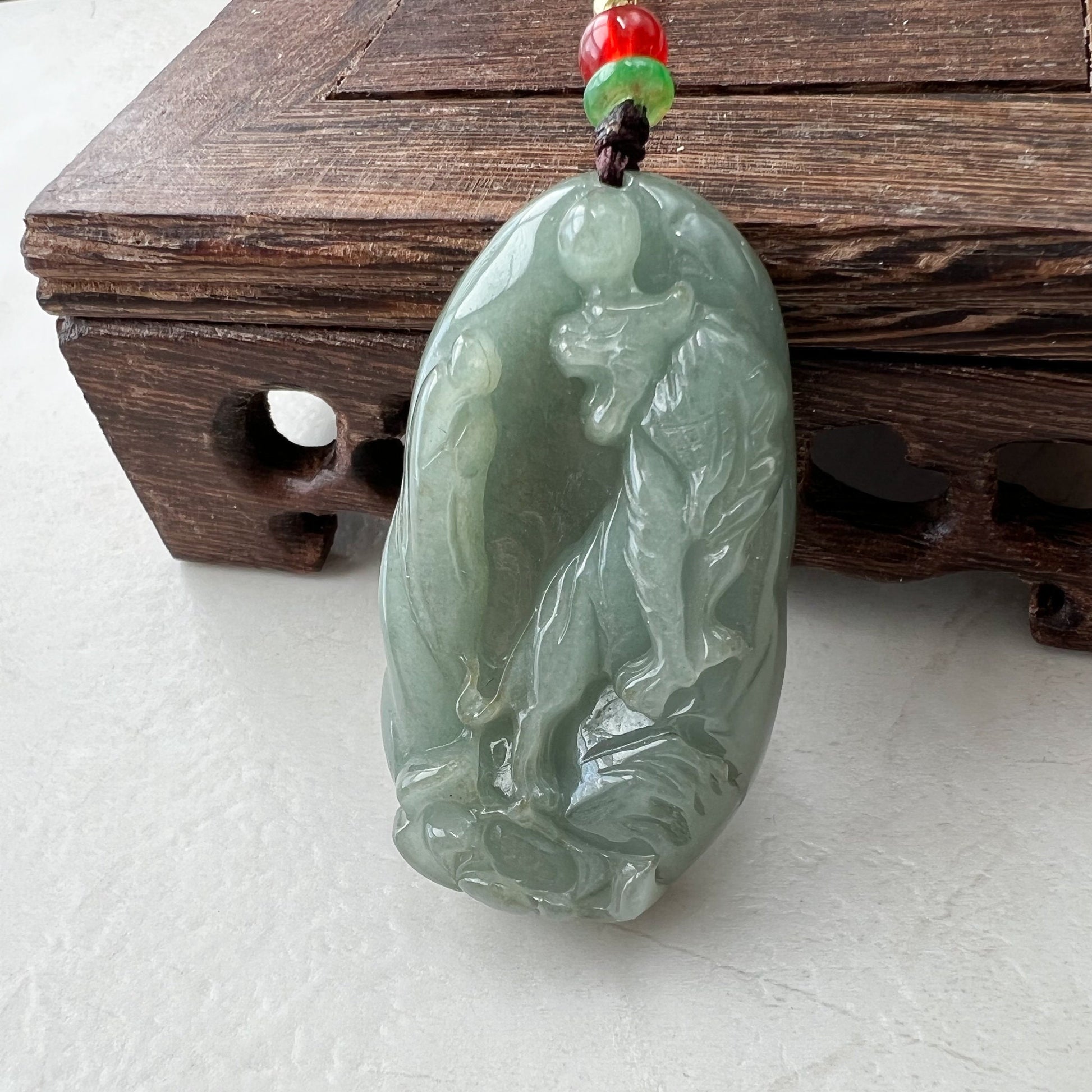 Green Jadeite Jade Tiger Chinese Zodiac Carved Pendant Necklace, YJ-0921-0064705 - AriaDesignCollection