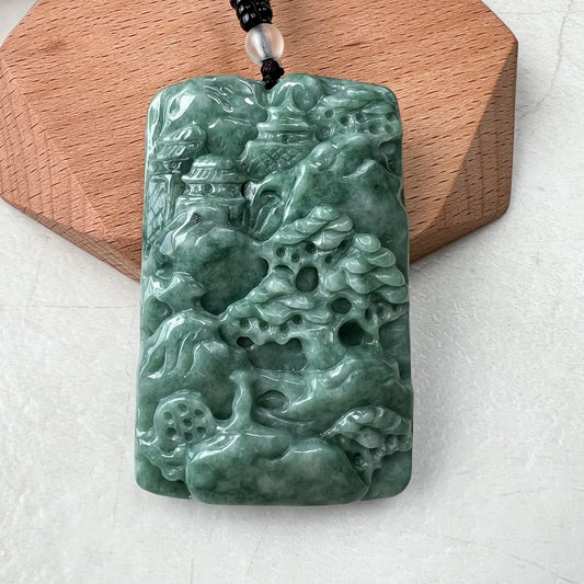 Large Tree Jade Pendant, Mountain Forest River Scenery, Hand Carved Pendant Necklace, YJ-0921-0179910 - AriaDesignCollection