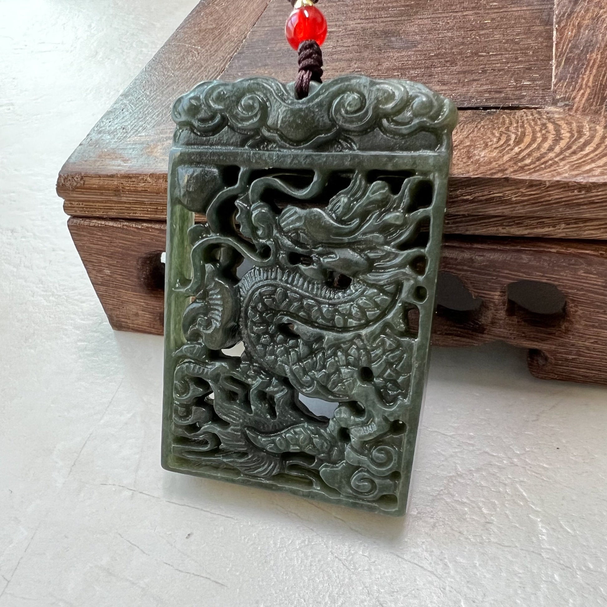 Dark Green, Nephrite Jade Dragon Zodiac Hand Carved Necklace, YJ-0921-0171767 - AriaDesignCollection