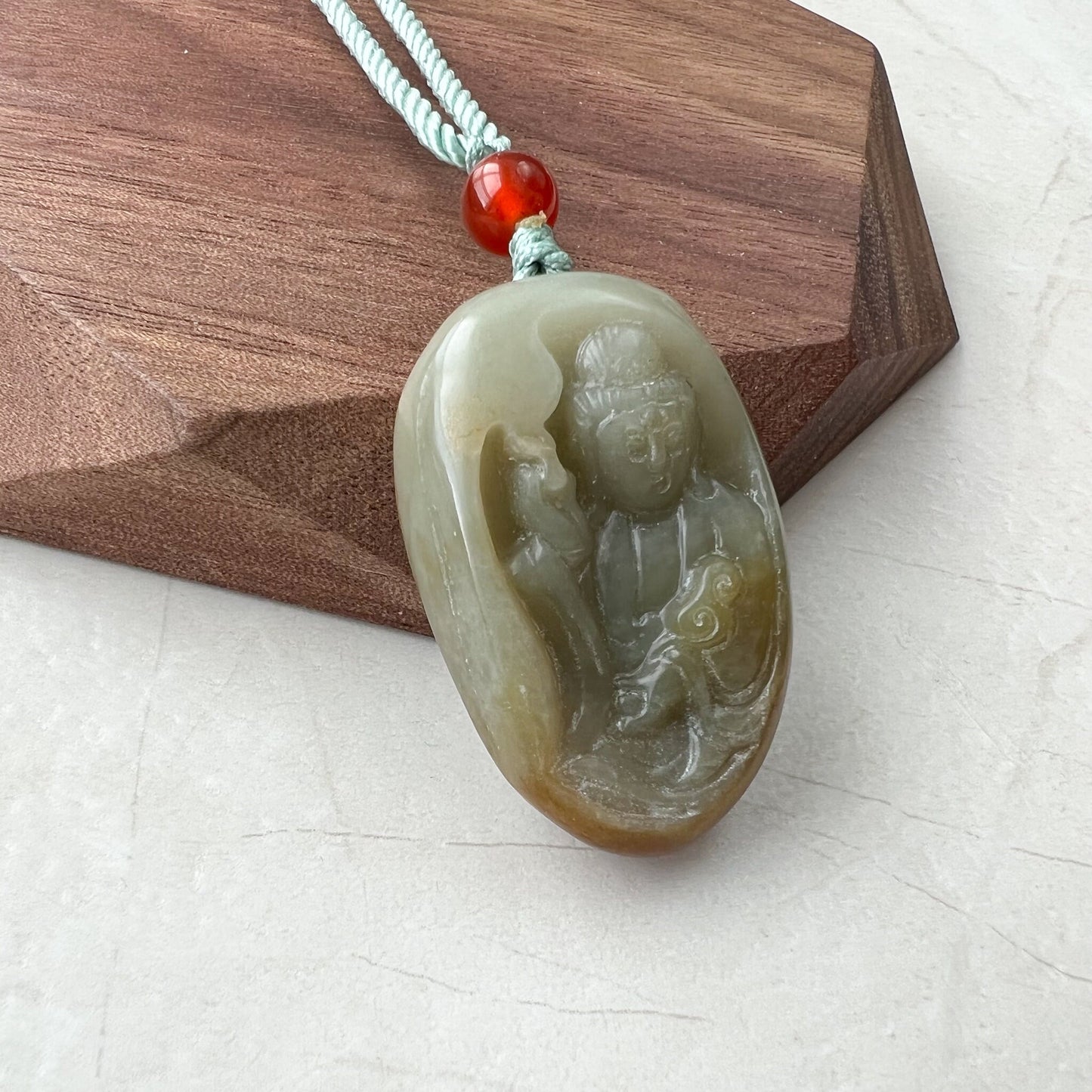 Yellow Red Nephrite Jade Guan Yin Necklace, Hand Carved, Pendant, Quan Am, YW-0110-1647116068 - AriaDesignCollection