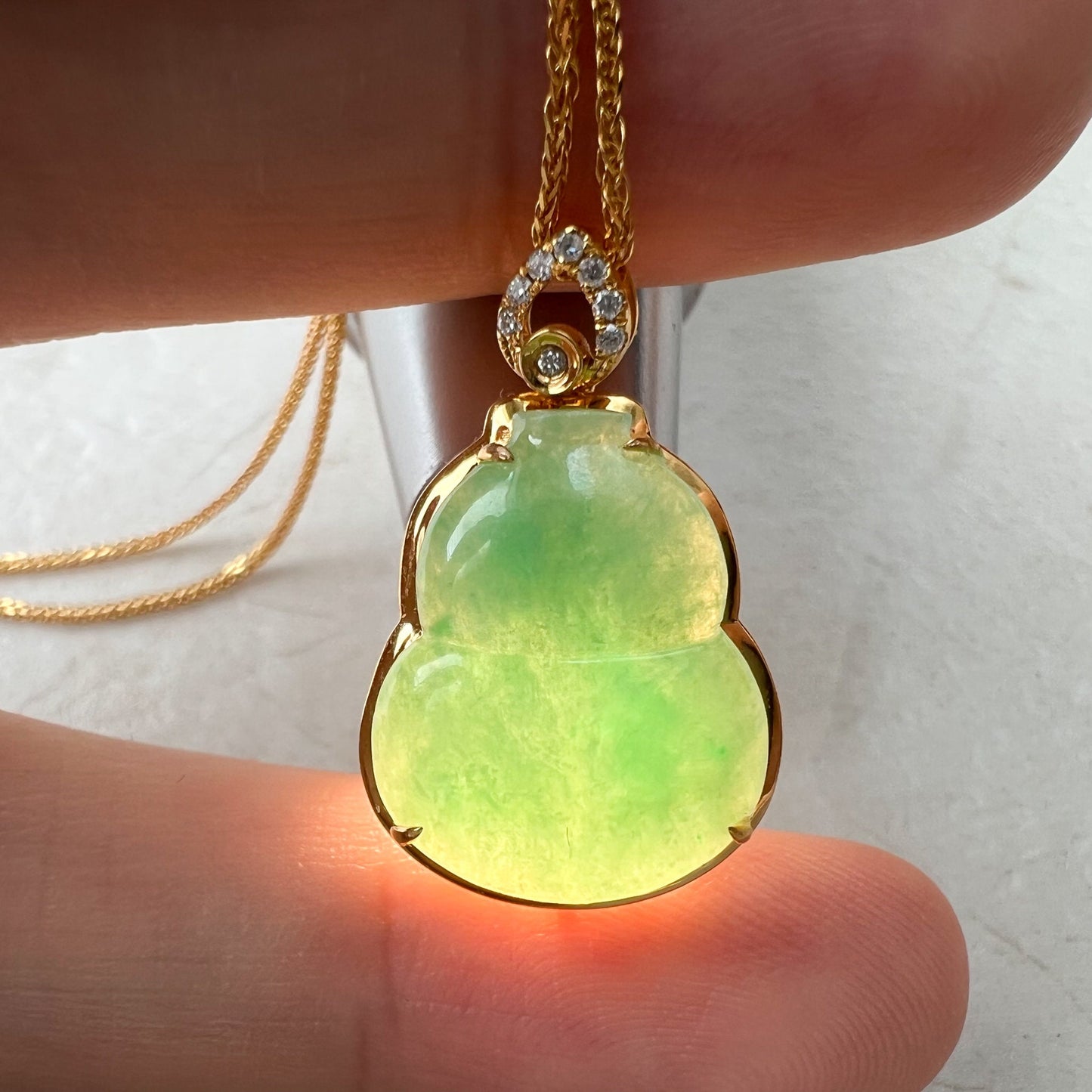 Jade Bottle Gourd, Jadeite Jade, 18K Gold Set, Calabash, Small and Dainty, Hand Carved Pendant Necklace, FSX-0921-KSA32457 - AriaDesignCollection