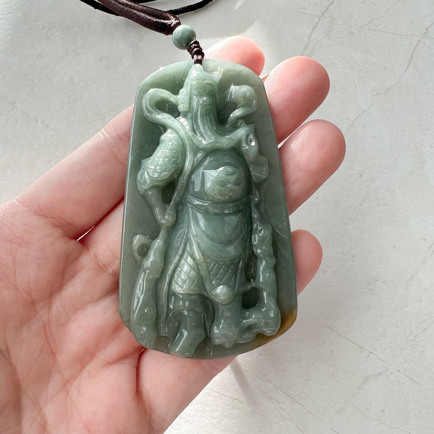 Large Green Jadeite Jade Guan Yu Guan Gong Carved Pendant Necklace, YJ-1221-0228922 - AriaDesignCollection