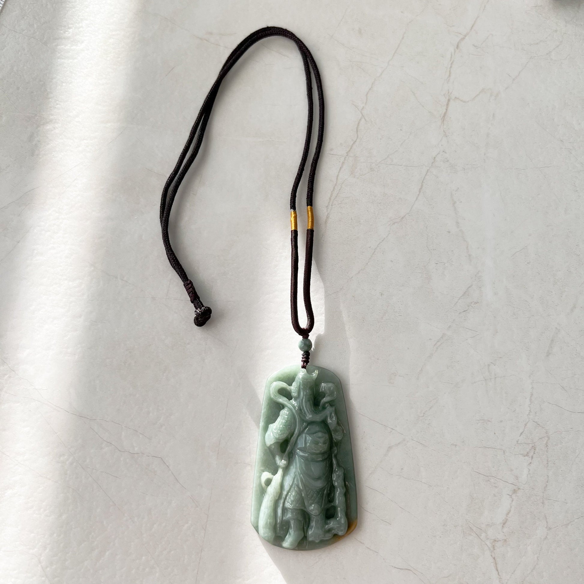 Large Green Jadeite Jade Guan Yu Guan Gong Carved Pendant Necklace, YJ-1221-0228922 - AriaDesignCollection