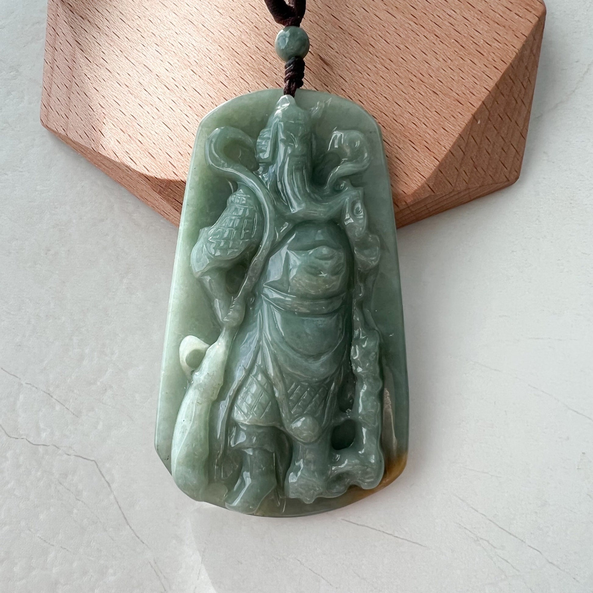 Large Green Jadeite Jade Guan Yu Guan Gong Carved Pendant Necklace, YJ-1221-0228922 - AriaDesignCollection